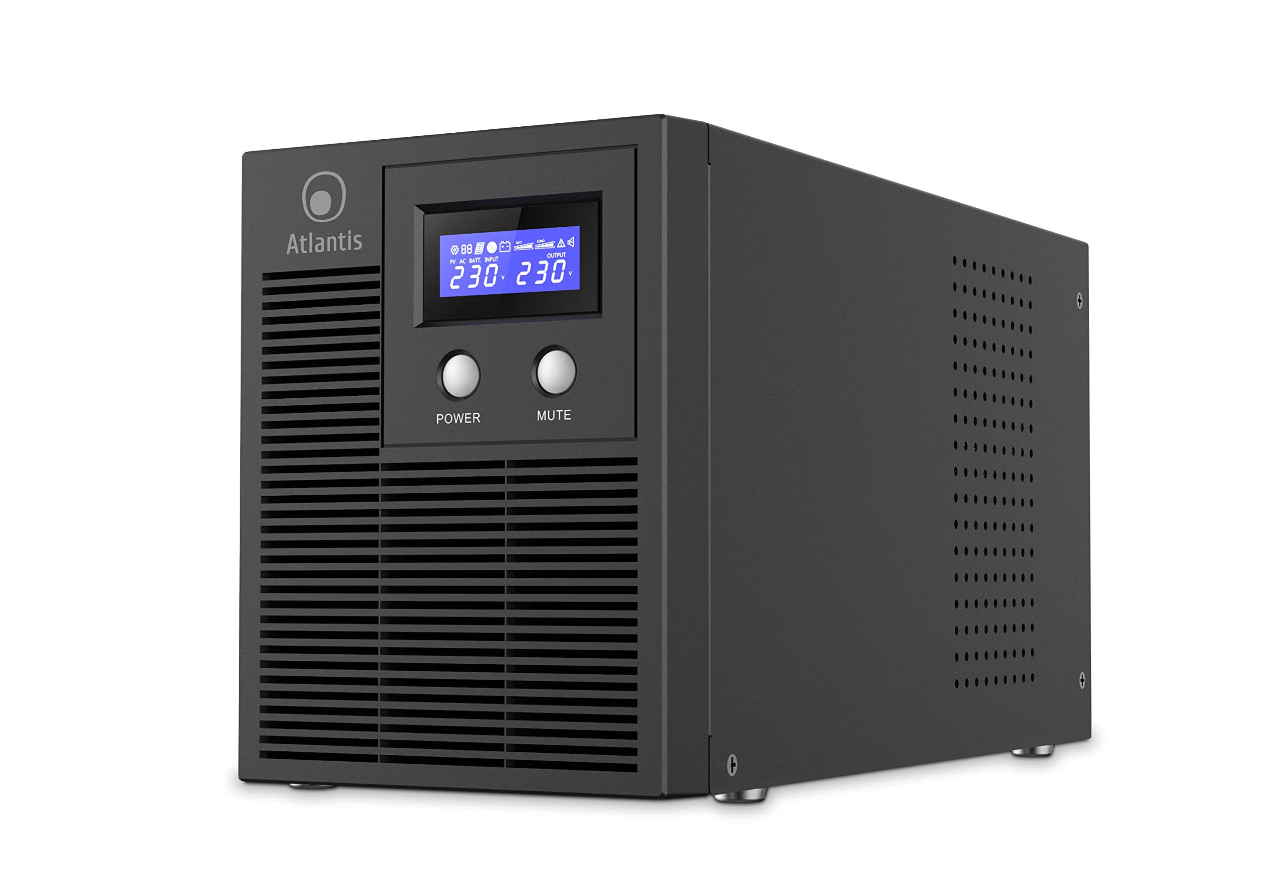 Atlantis A03-HP3003P Gruppo di Continuità Onda Sinusoidale Pura 2000VA 1400W Line Interactive, display LCD, porta USB-HID, 6 uscite IEC, 2 batterie 12V-9Ah, porta seriale RS232, slot per SNMP, softwar