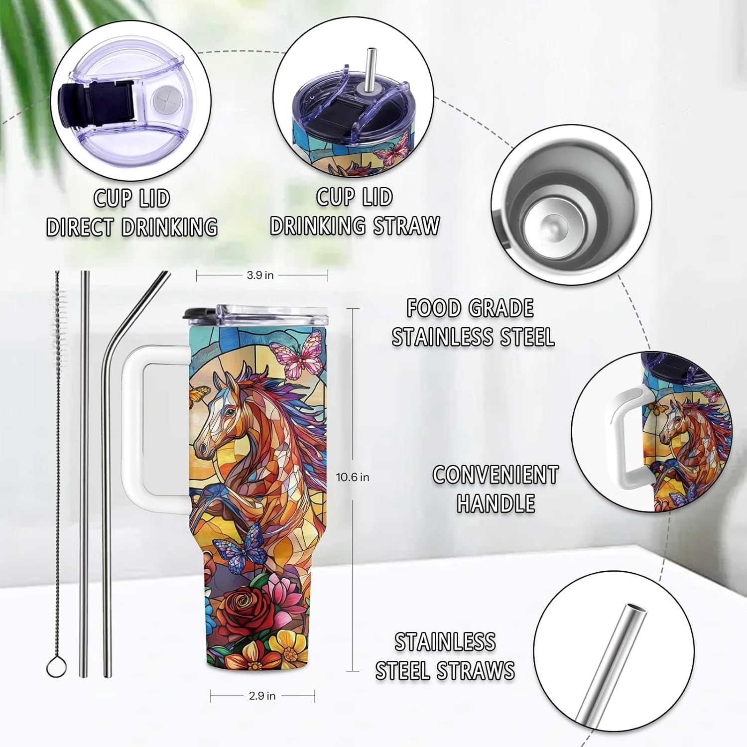 Horse Gifts, 40 Oz Horse Tumbler with Handle & Straw, Animal Tumbler, Birthday Gift for Animal Lovers Women Men, Stainless Steel Butterfly Cup, Gifts for Thanksgiving Christmas, 1 PCS - Image 3