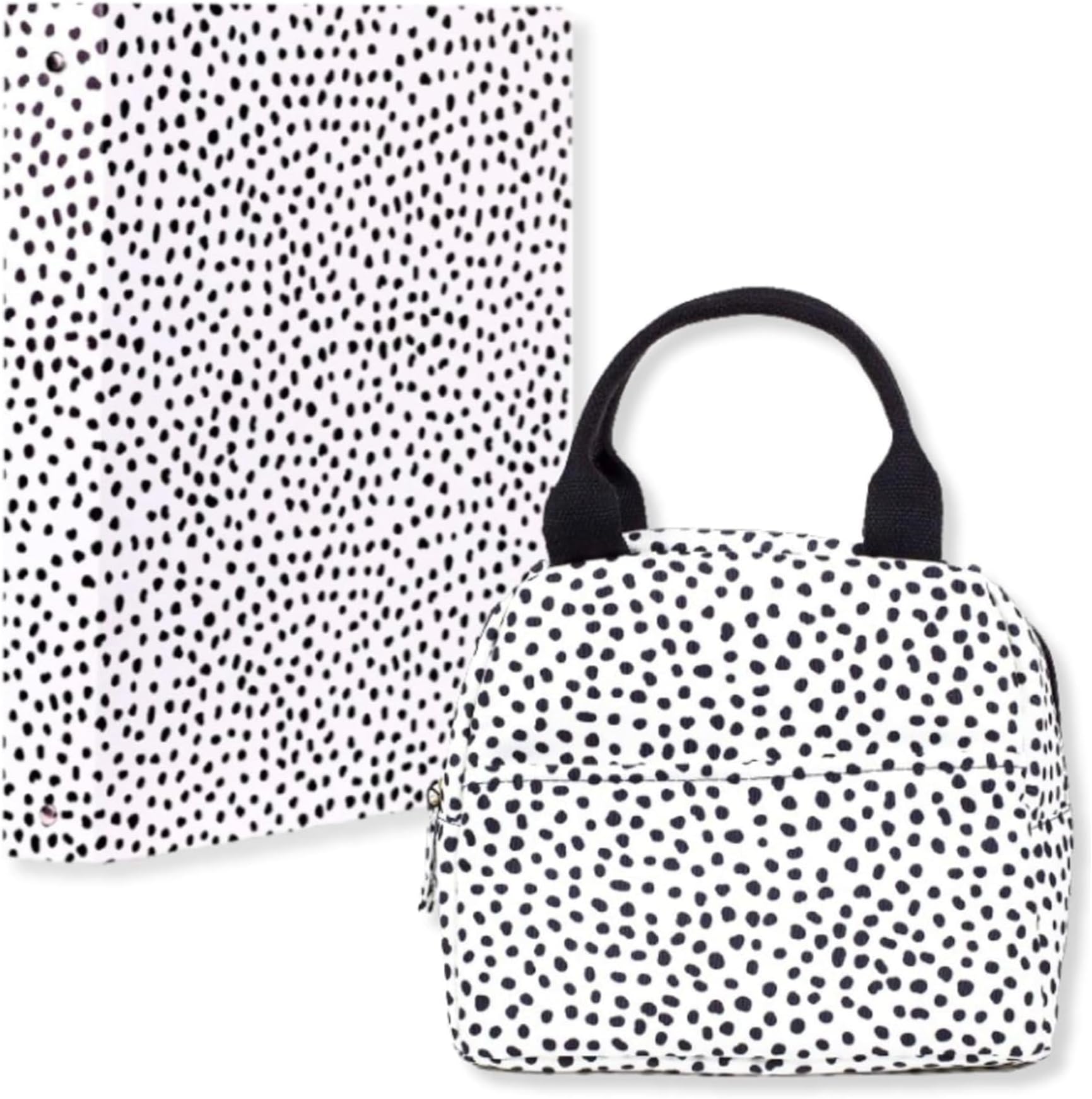 Steel Mill & Co Insulated Lunch Tote Bag for Women, Large Capacity Cooler Lunch Box Bundle with Cute Decorative Hardcover 3 Ring Binder for Letter Size Paper, 1 Inch Round Rings, Black Dot