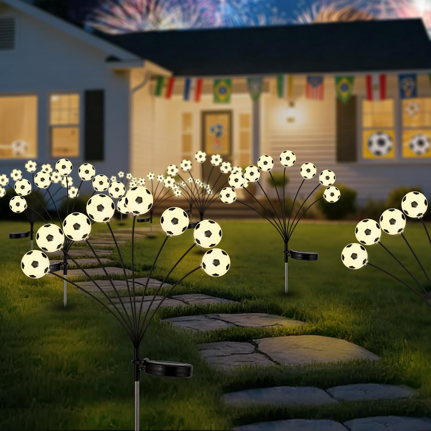 Solar Football Garden Lights, Swaying LED Solar Outdoor Lights, Waterproof Patio Yard Lights with Flexible Wire & Heavy Base, Warm White for World Cup Themed Decor (Warm White, 4 Pack-football)