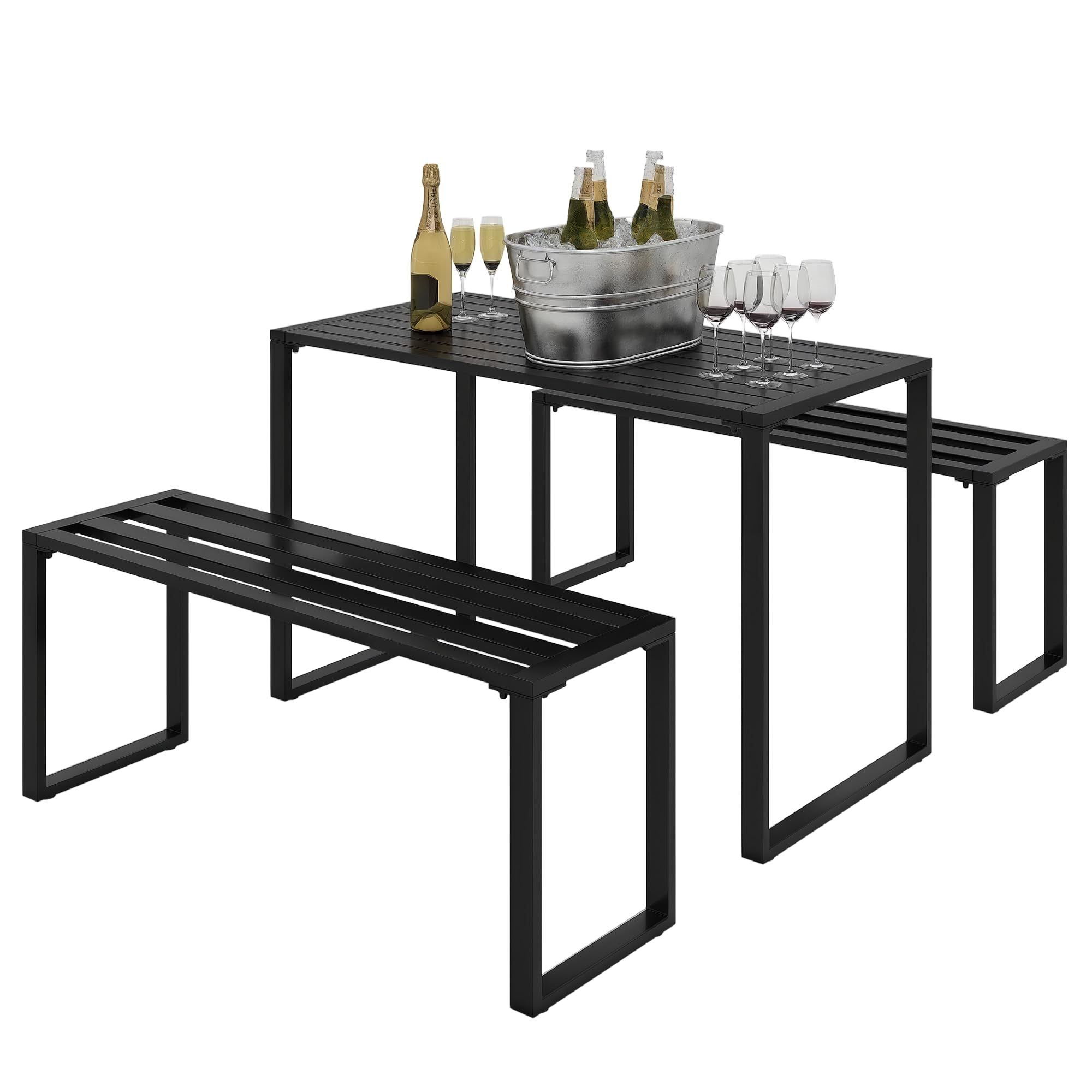 Outsunny Outdoor 3 PCs Metal Picnic Table and 2 Benches Set Dining Trestle Beer Table Patio Garden Furniture Black