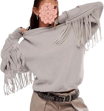 Gothic Punk Y2K Street Fringed Pullover Sweatshirts for Women Trendy Grey Loose Long Sleeve Round Neck Fall Tops
