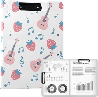 Guitars Strawberries Music Notes A4 Clipboard Folder with Storage,Waterproof Document Organizer with 2 Metal Clips,Pen Holder,Holds 80 Sheets,Easy-Clean Surface for Office & Home
