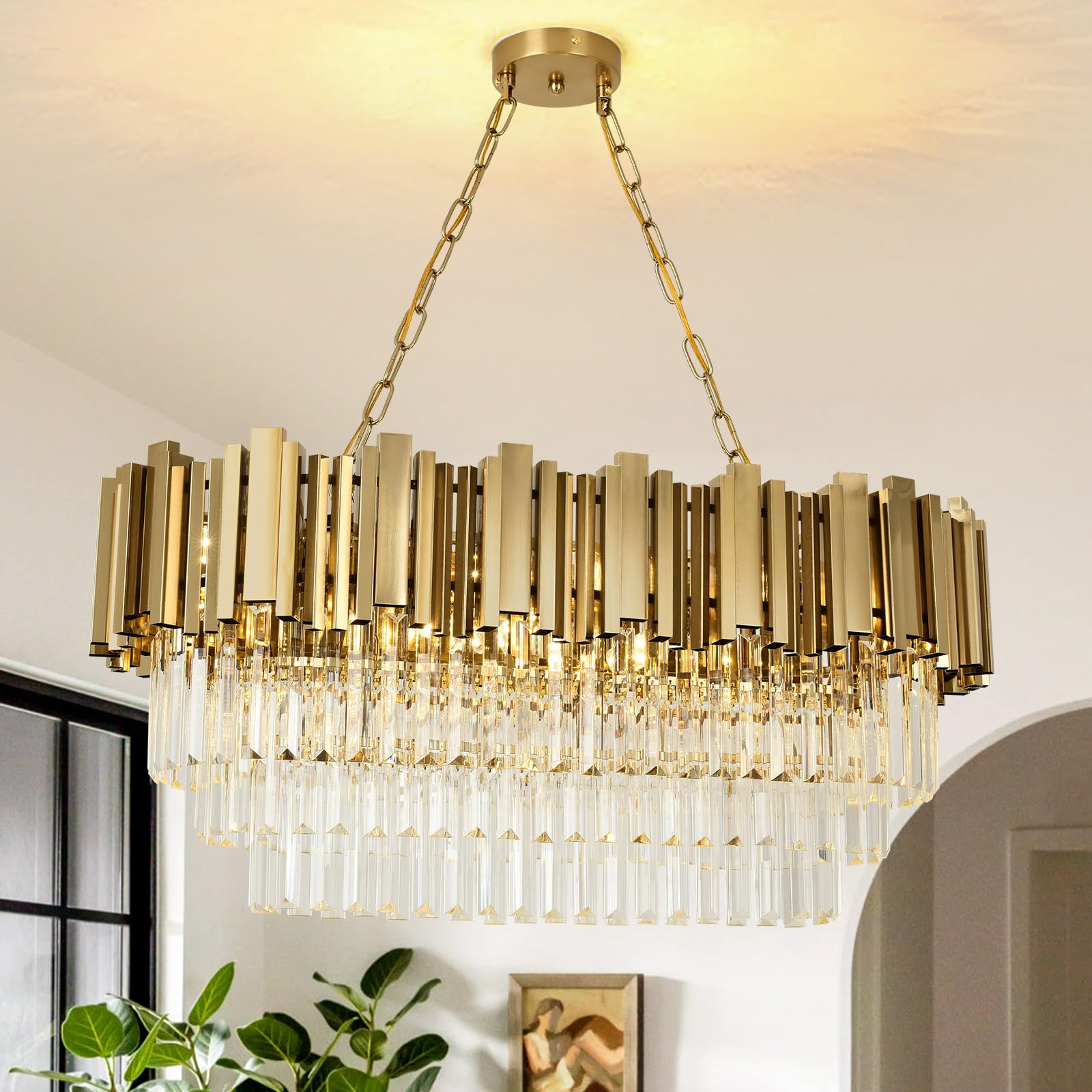 Lampadario moderno in cristallo oro, illuminazione a sospensione ovale in cristallo per soggiorno, sala da pranzo, camera da letto, ristorante, E14 x 8, 80 x 35cm