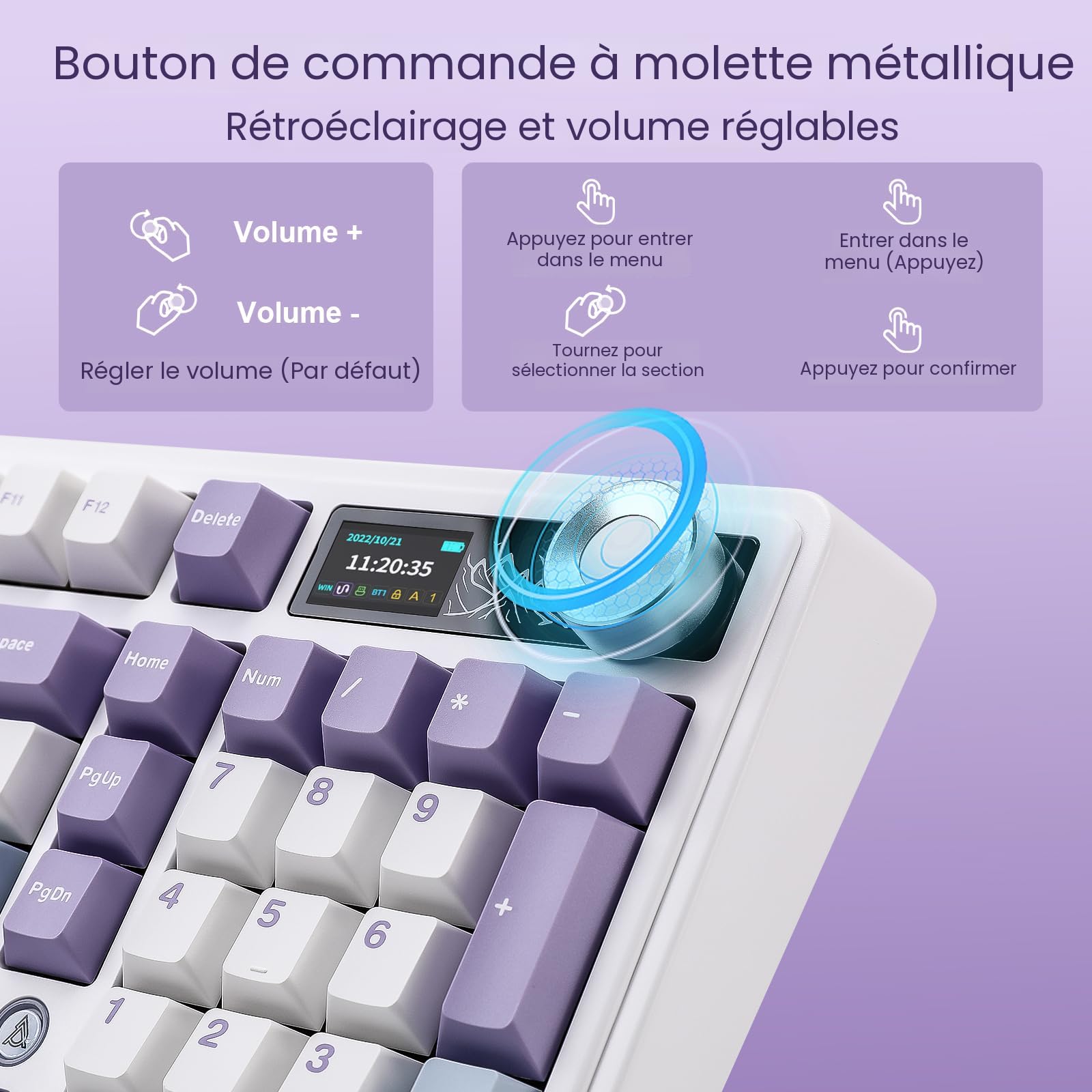 Clavier Mécanique MIKIBY AJAZZ AK980 – Écran TFT Intelligent, Molette – Tri-mode BT/2.4G/USB-C – Touches PBT Hot-swap – RVB – 8000mAh – Violet