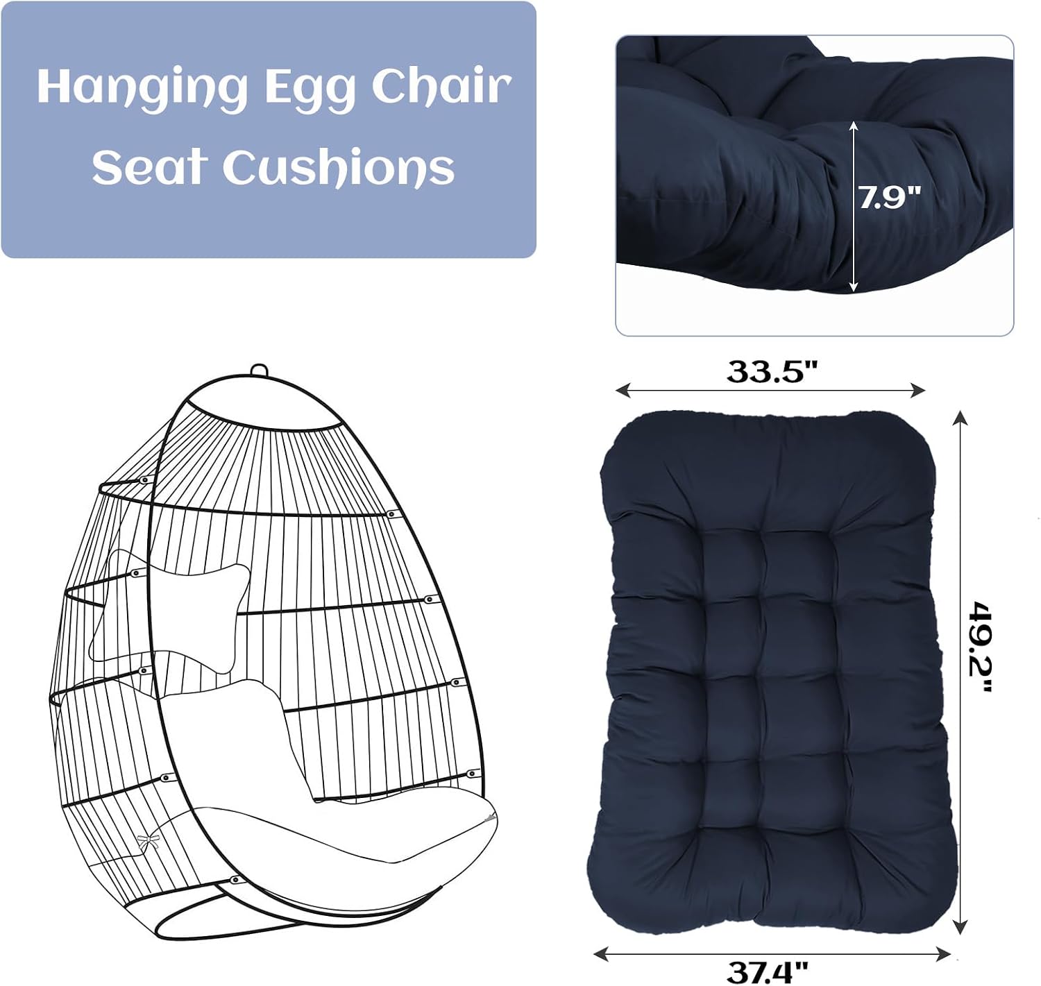 Outdoor Egg Chair Cushion, 7.9in Thick Hammock Swing Chair Cushions, Waterproof Hanging Chairs Cushion Replacement for Patio Porch Furniture (Navy Blue)