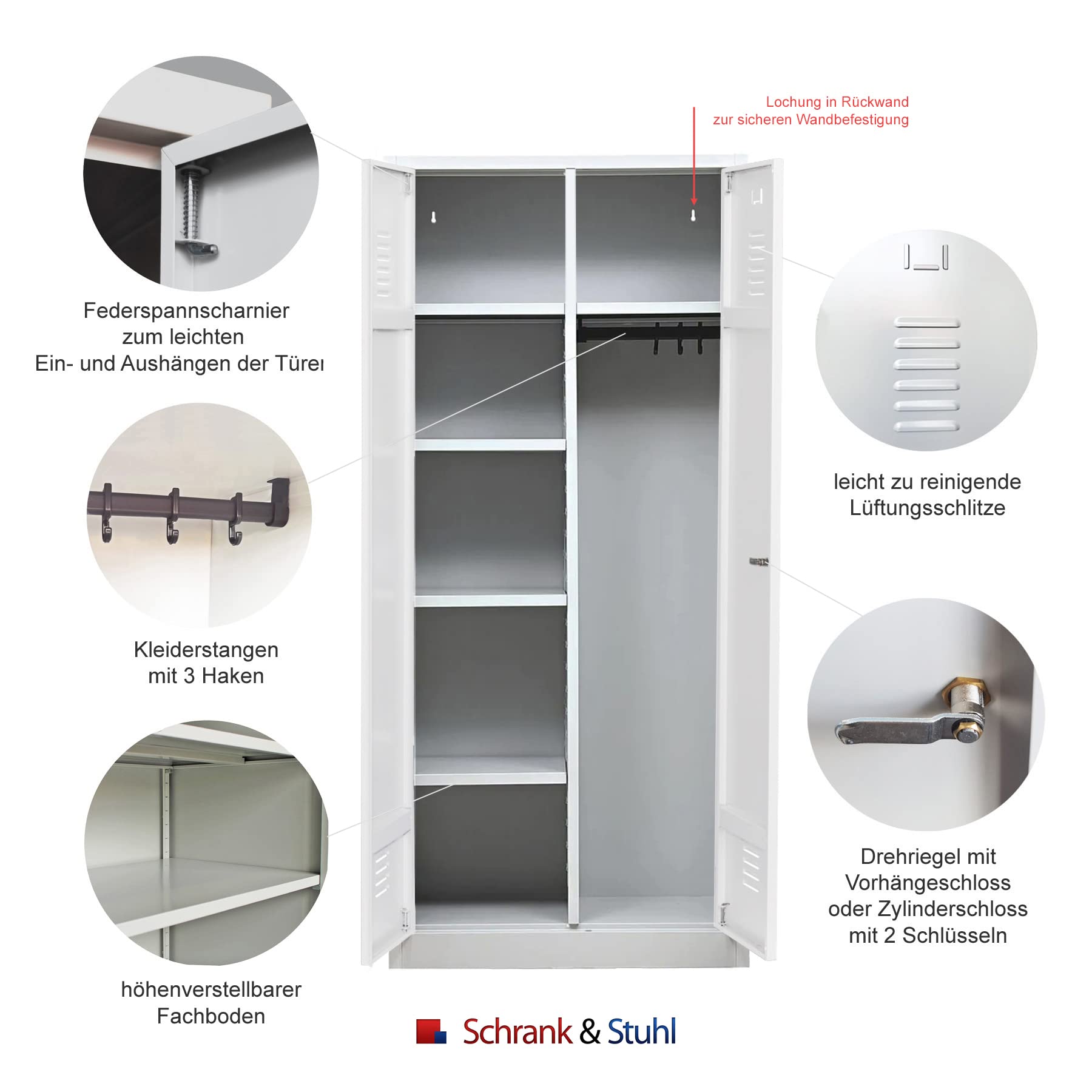 Schrank & Stuhl Mehrzweckschrank | Besenschrank mit Durchgehender Trennwand, Hakenleiste und 7 Fächern 180x80x50, Drehriegelverschluss, komplett montiert, Grau/Weiß