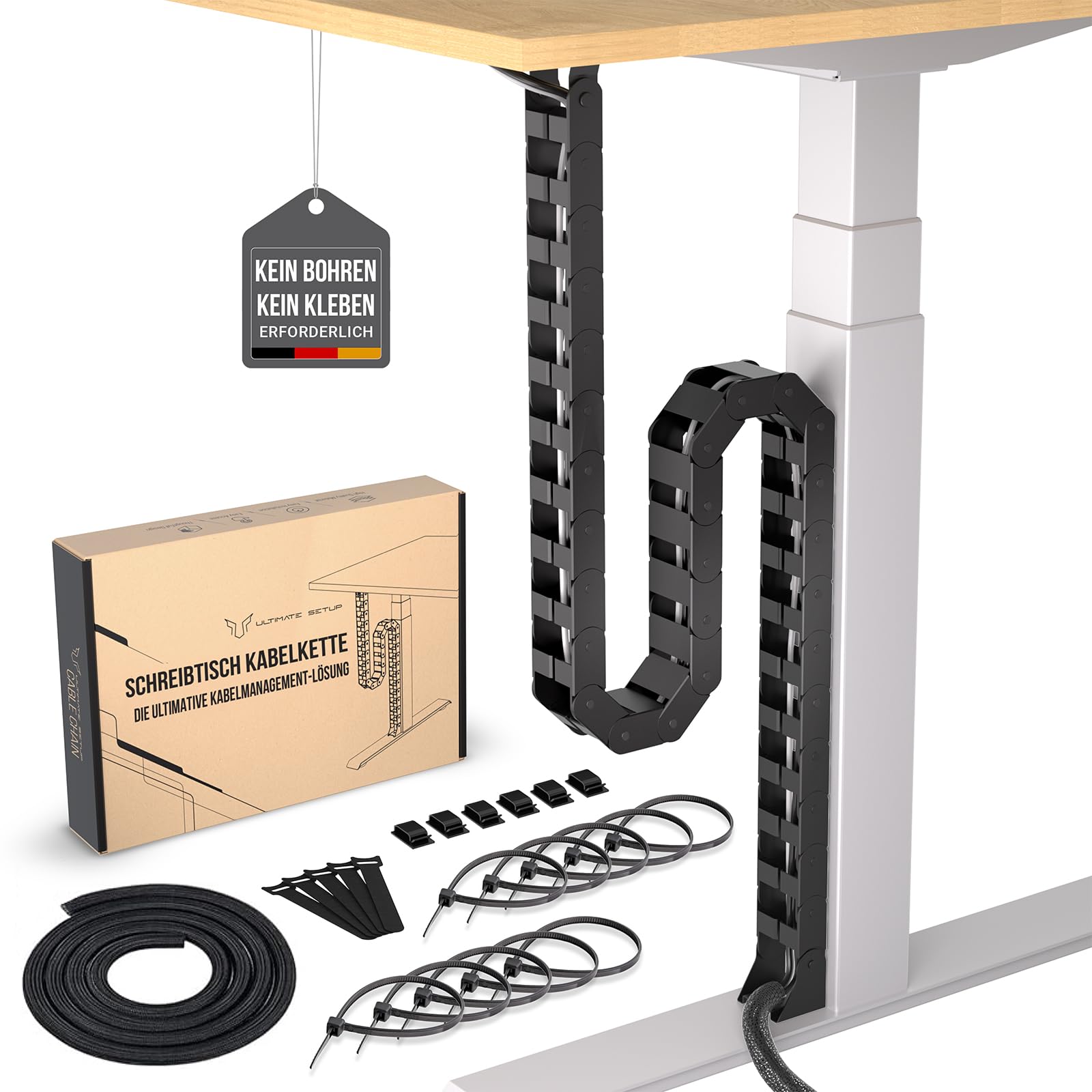 Kabelführung Schreibtisch, Flexibel anbringbare Kabelschlange, Robuste Kabelkette, Flexibler Kabelkanal für ideales Schreibtisch Kabelmanagement und für höhenverstellbare Schreibtische (Schwarz)