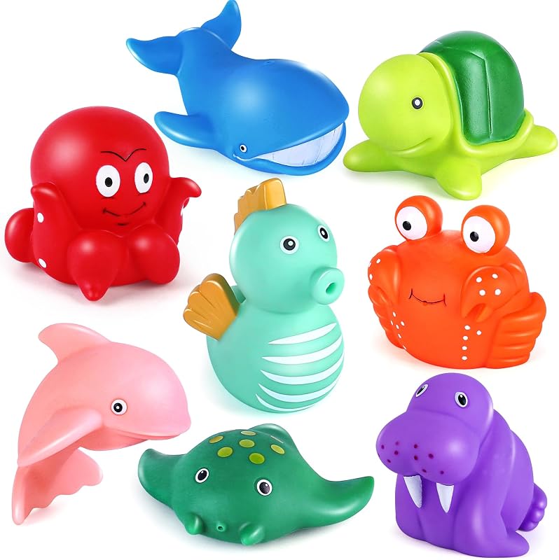 Juguetes de baño, paquete de 8 juguetes de baño sin moho para niños de 1 a 3 años, juguetes de baño para bebés sin agujeros para niños pequeños de 2 a 4 años, juguetes de bañera de animales marinos del océano, juguetes flotantes suaves para la mesa de agua de la pileta