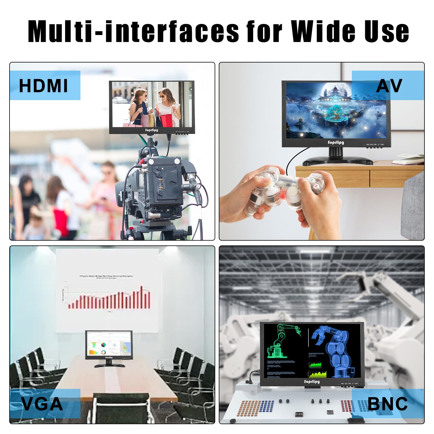 12 pollici Mini HDMI Monitor 1920x1080 16:9 IPS Alloggiamento in metallo Schermo LCD con HDMI/VGA/AV/BNC Ingresso auricolare Altoparlanti incorporati per PC CCTV Telecamera di sicurezza