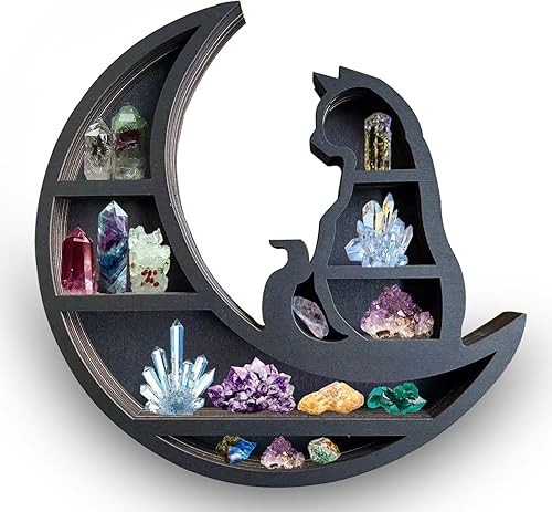 Estante de madera con cristales de gato en la luna, estantes de exhibición de luna creciente, estante estético de luna creciente para cristales,