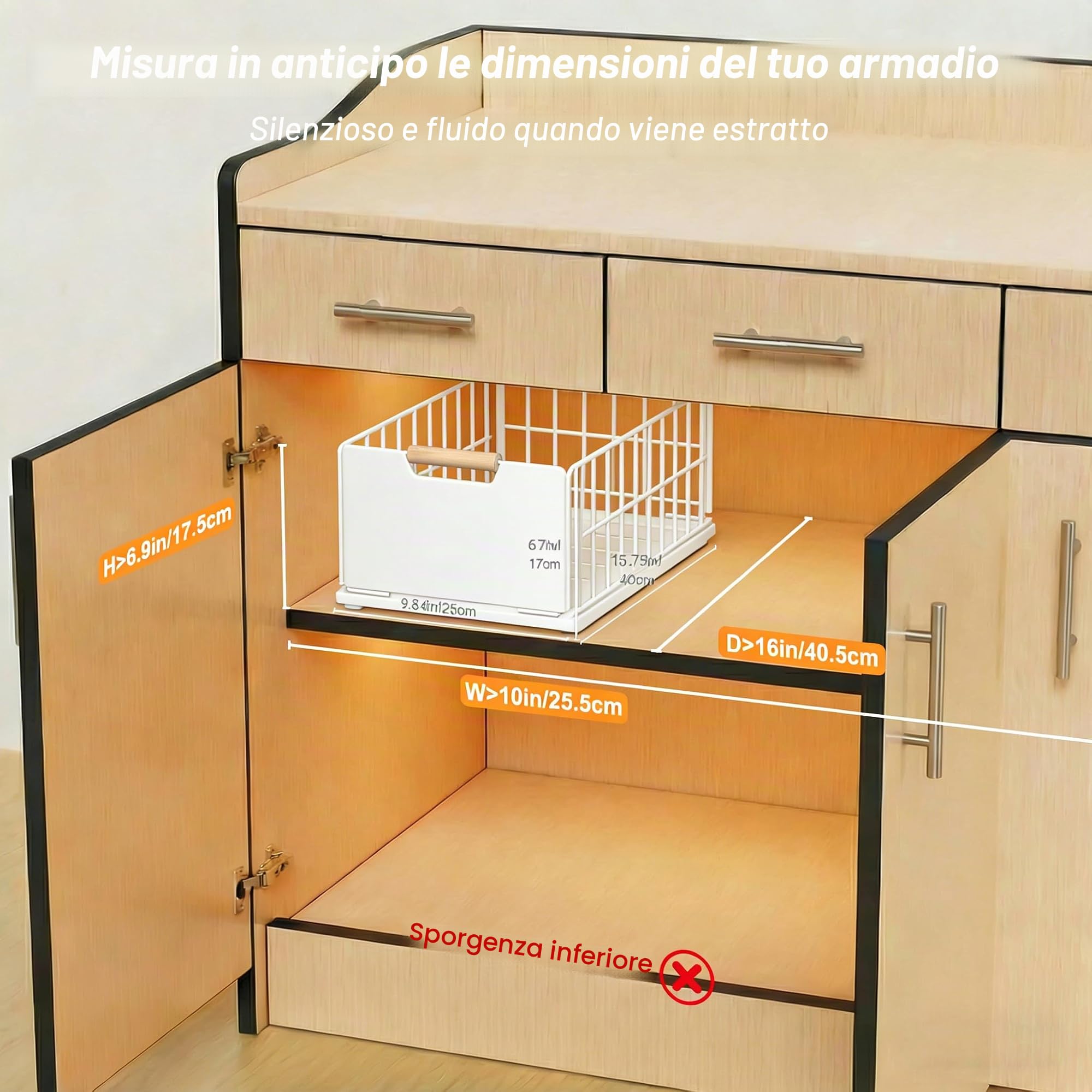 2 cassetti Cassetto estraibile da cucina, cesto scorrevole per cucina più profondi, cassetto telescopico, con guide per cassetti e manico in legno - senza fori (nero)