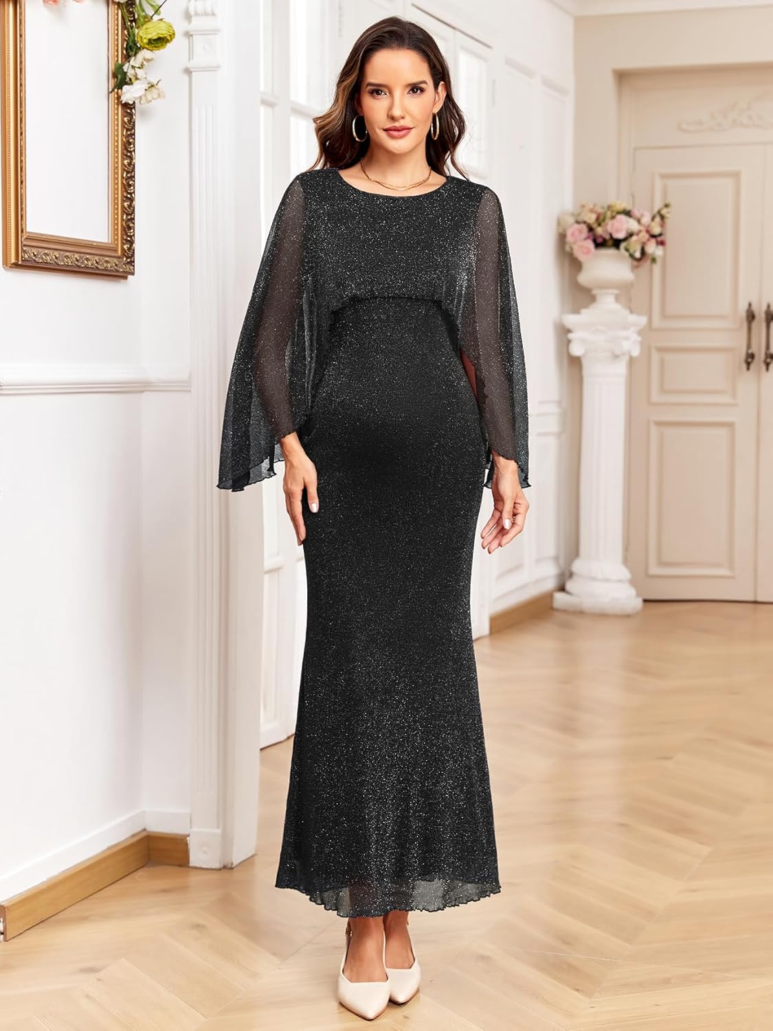 Maternity Sparkly Cape Mesh Dress Maxi Mermaid Bodycon Pregnancy Dresses Wedding Guest Baby Shower Formal Dress - Image 4