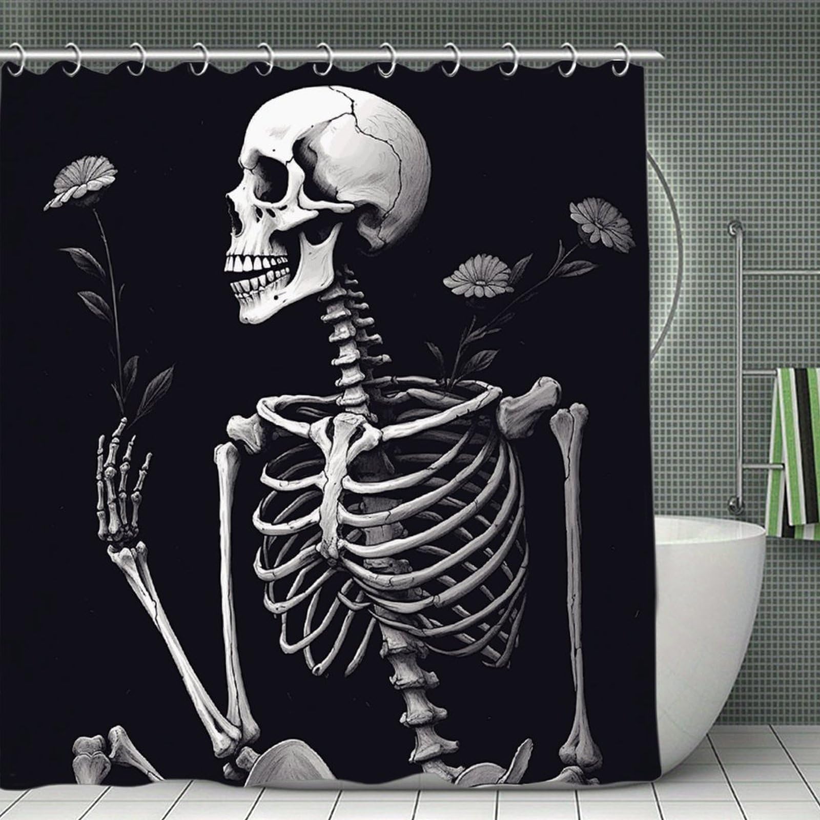 VstaDank Aesthetic Skeleton Shower Curtain 71x71 Heavy Duty Polyester Cloth Bath Curtain with Hooks Thick Waterproof Shower Liner Fun Magic Decorative Bathroom Curtains for Bathtub
