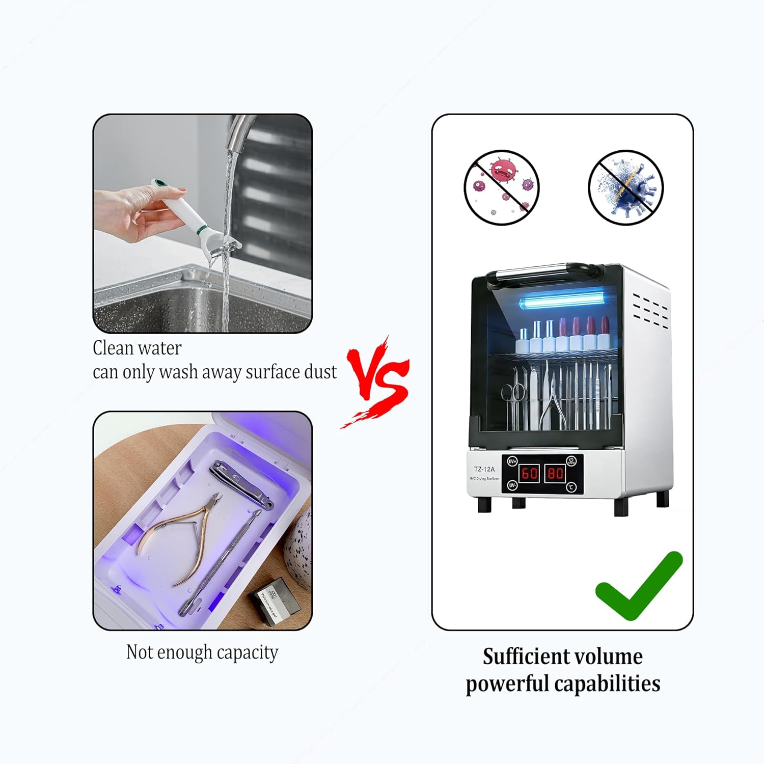 Nail Tool UV cleaning cabinet, Large capacity Stainless Steel cleaning, with Drying Function, Temperature and Timer Control, up to 60 Minutes, 110V Power Supply