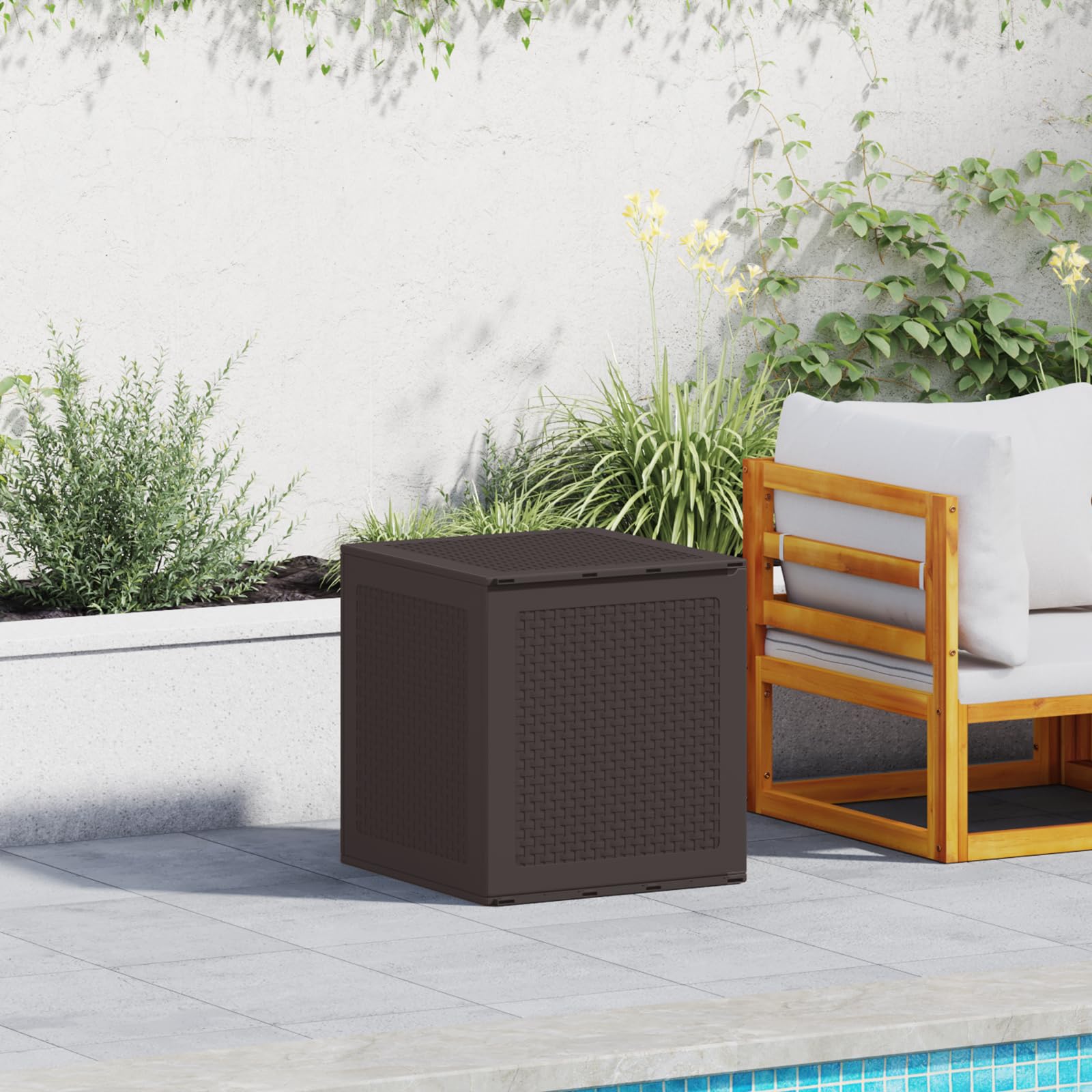 Gartentruhe aus PP Kunststoff Braun 55x53x57 cm Außenlagerbox mit UV-Schutz und texturierter Oberfläche für Terrasse Gartenmöbel Aufbewahrung
