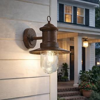 Outdoor Wall Lantern, Rust Finish Farmhouse Exterior Sconce, Clear Glass Porch Decor Wall Light for Front Door Garage Patio, Outside Lights for House, Hardwired, E26 Bulb Not Included, 12.2"