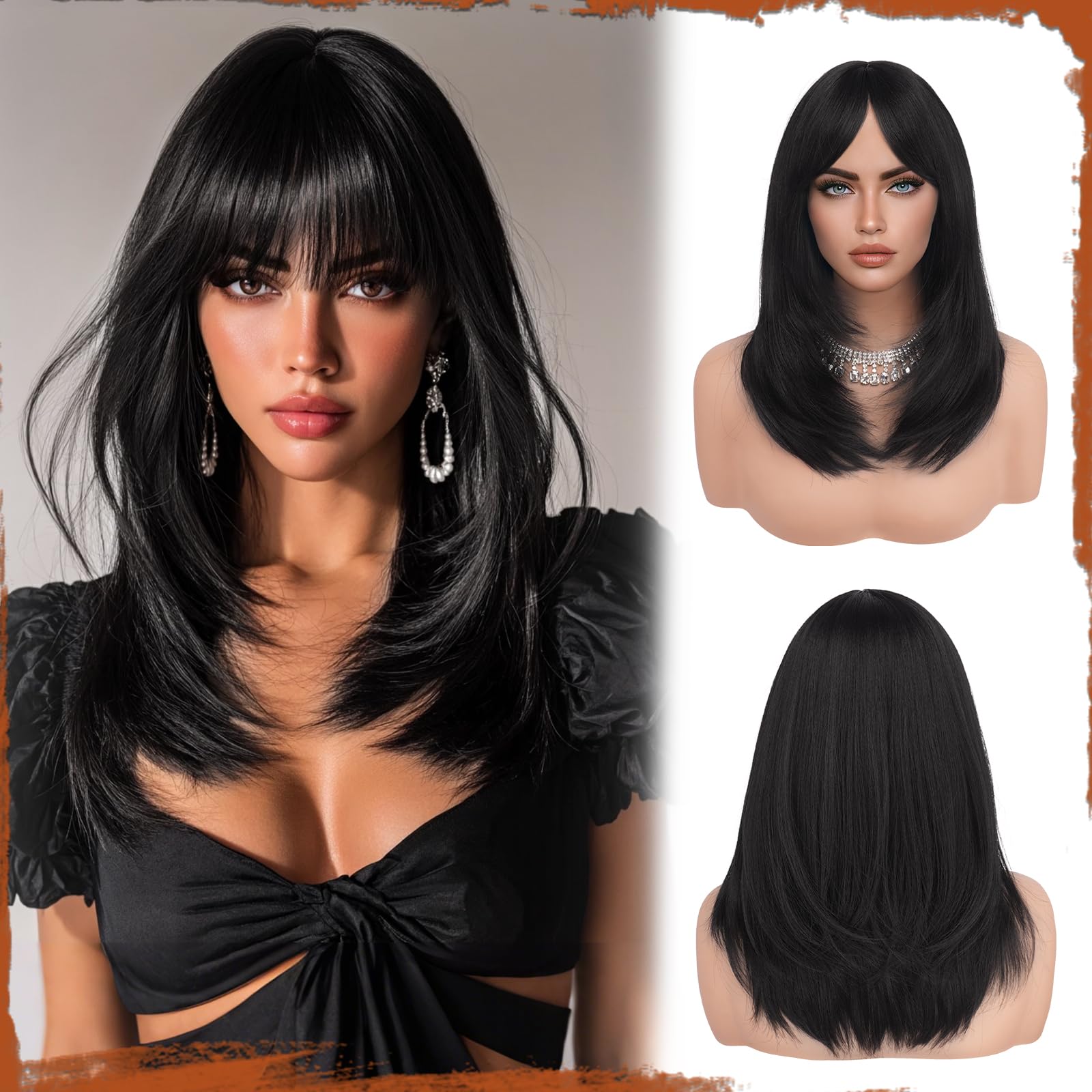 SOFEIYAN Black Wigs with Bangs 20 Inch Long Straight Layered Wig Natural Looking Soft Heat Resistant Synthetic Medium Length Hair Wigs for Women Daily Party Use