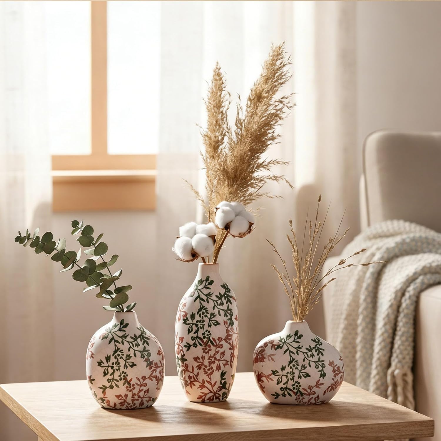 Small Ceramic Vase Set of 3,Bulk Mini Bud Vases for Flowers and Pampas Grass,Cute Boho Ellipse Home Decor for Coffee Table Centerpieces,Living Room,Office,Bookshelf,Entryway Decor (Green Floral)