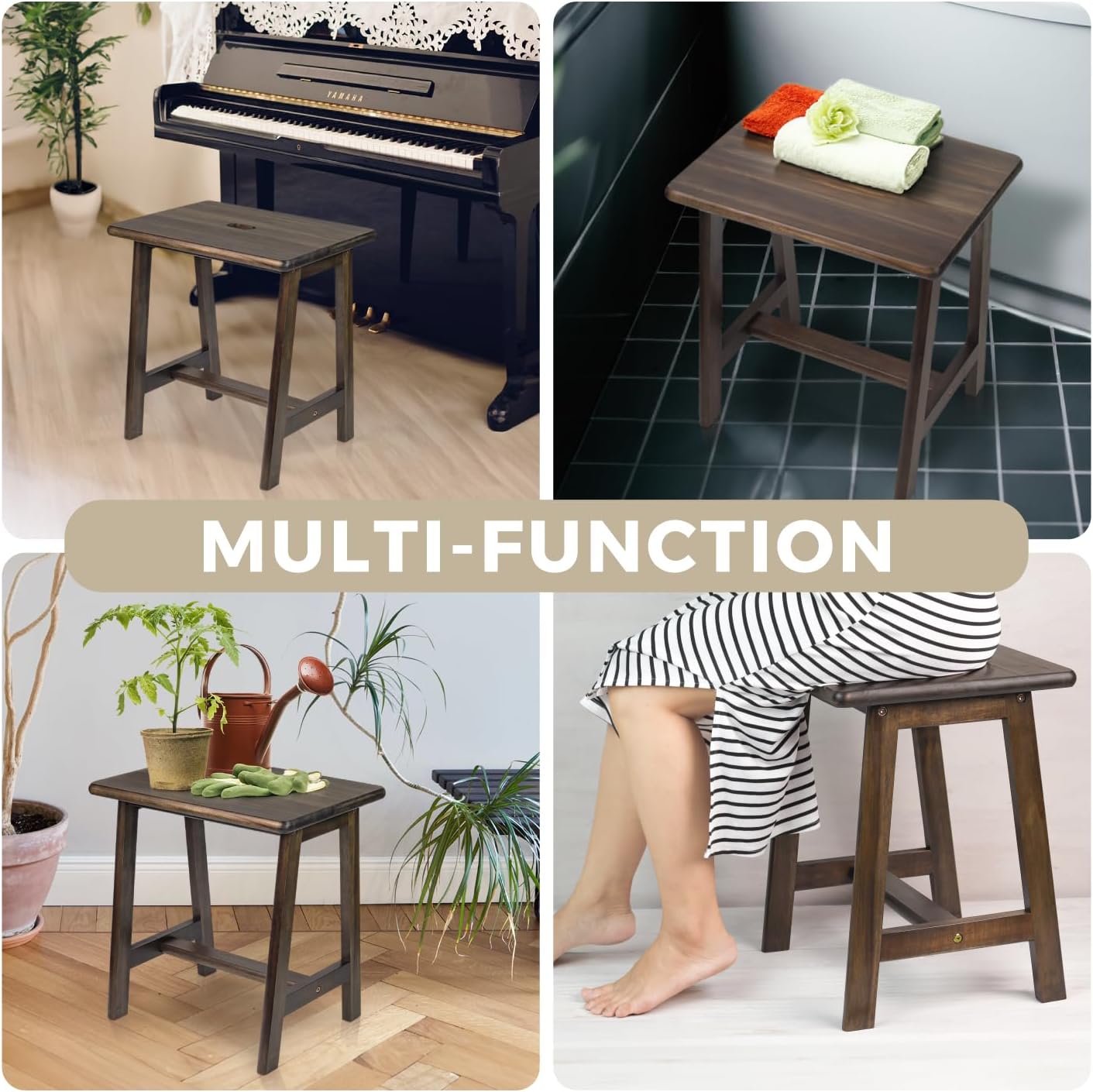 Acacia Wood Stool - Rectangular (16.7" D x 13" W x 17.7" H) - Small Bench Seat, End Table, Bathroom, Plant, Makeup Stool - Walnut Color