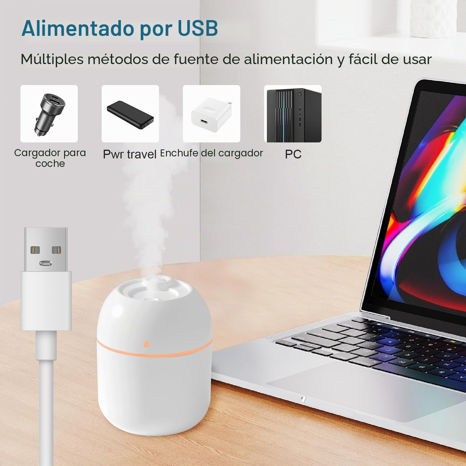 Humidificador portátil pequeño, humidificador personal USB de escritorio para coche, oficina, dormitorio, apagado automático, 2 modos de niebla, súper silencioso (220 ml, blanco)
