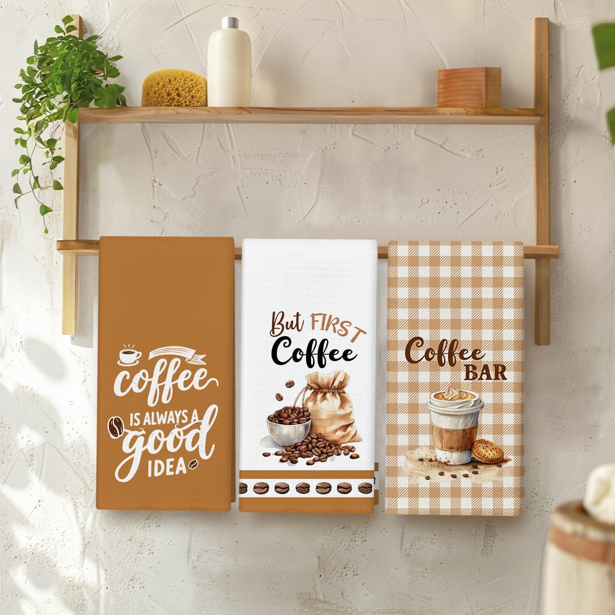 WwongxianB Funny Coffee Kitchen Towels Decorative Set of 3, Farmhouse Brown Tea Towel Hand Towels Highly Absorbent Dish Cloths 16x24 Inches, Bathroom Home Bar Decor, 02 - Image 3
