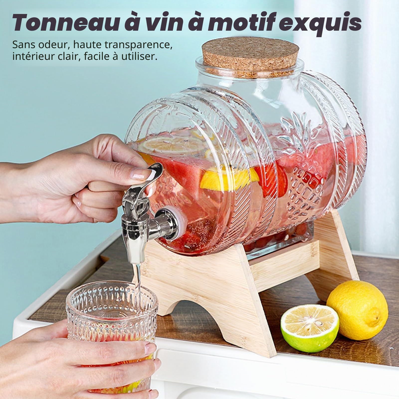 Carafe à whisky, distributeur de boisson en forme de tonneau, décanteur avec robinet, idéal pour vin, whisky, bière, rhum, cadeau pour ami, mari, père (3 L, fût en verre)