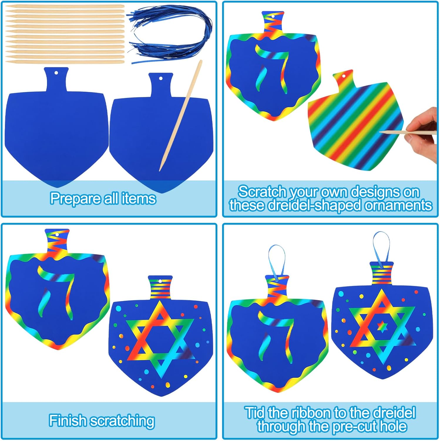 Liliful 60 Set Hanukkah Crafts for Kids Dreidels Colorful Scratch with 30 Wooden Scratch Tools Blue Dreidel Hanging Craft Art Kit for Kids Gifts Chanukah Party Favors Home Activities School Decoration