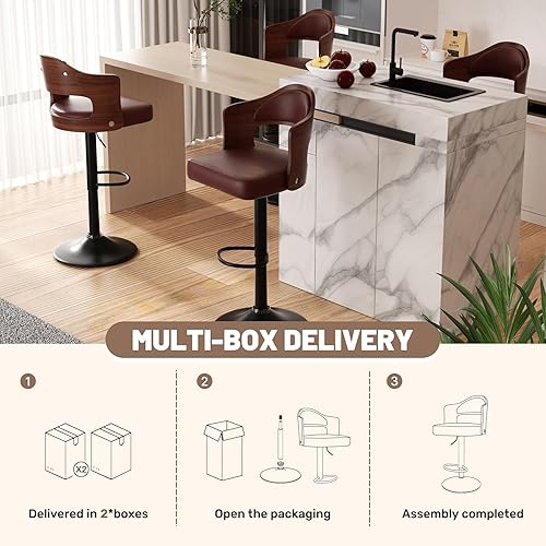 Miniatura 8 de Juego de 4 taburetes de bar giratorios de altura ajustable de 24.5 a 33.5 pulgadas, taburetes de madera tapizados de piel sintética con respaldo y