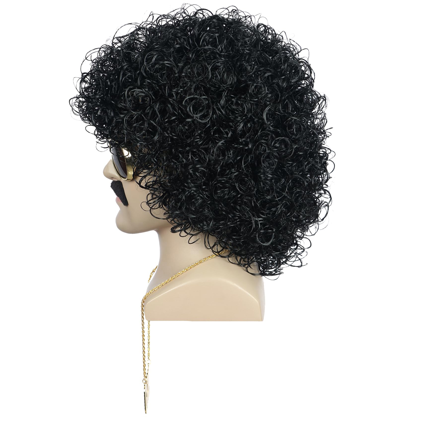 Yuehong Black Curly Fluffy Jumbo 70s Afro Wig 80s Rocker Disco Party Costume Hair Heat Resistant Synthetic Fibers Soft Durable Breathable Wig with Mustache Necklace and Glasses - Image 4