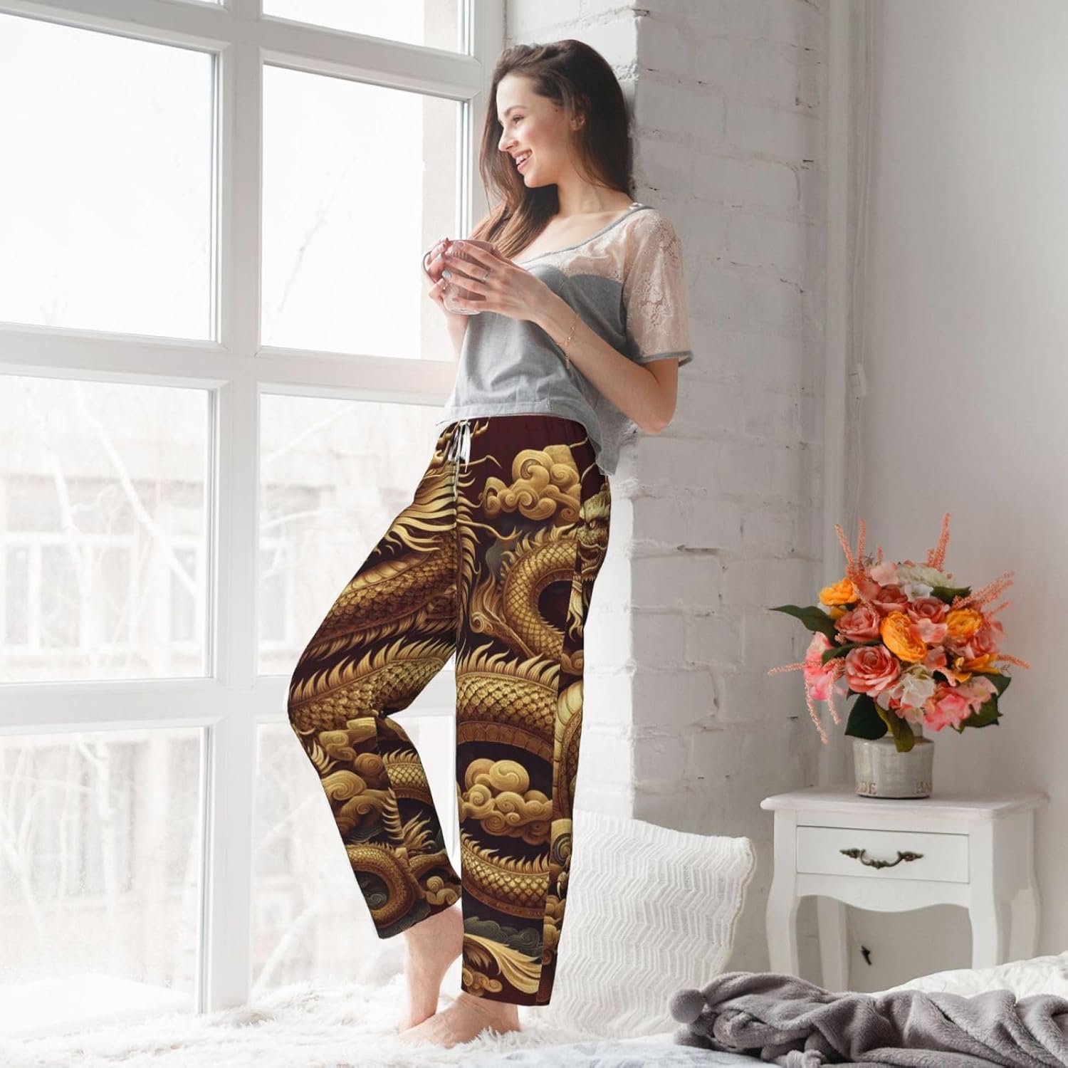 Women'S East-Asian-Dragon Fleece Pajama Pants, Cozy Flannel Lounge Bottoms For Women