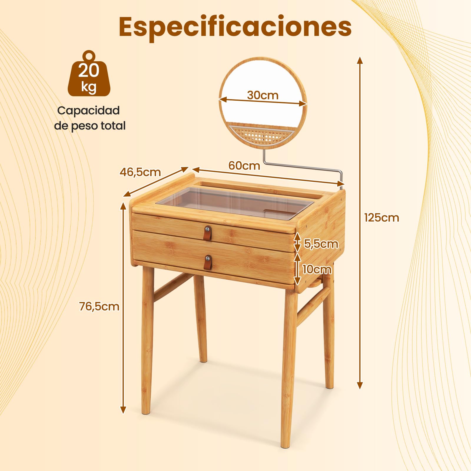 GIANTEX Juego de Tocador con Taburete, Espejo Giratorio, Mesa de Maquillaje de Bambú Macizo con Tablero de Cristal y 2 Cajones, Estilo Natural, para Dormitorio y Salón