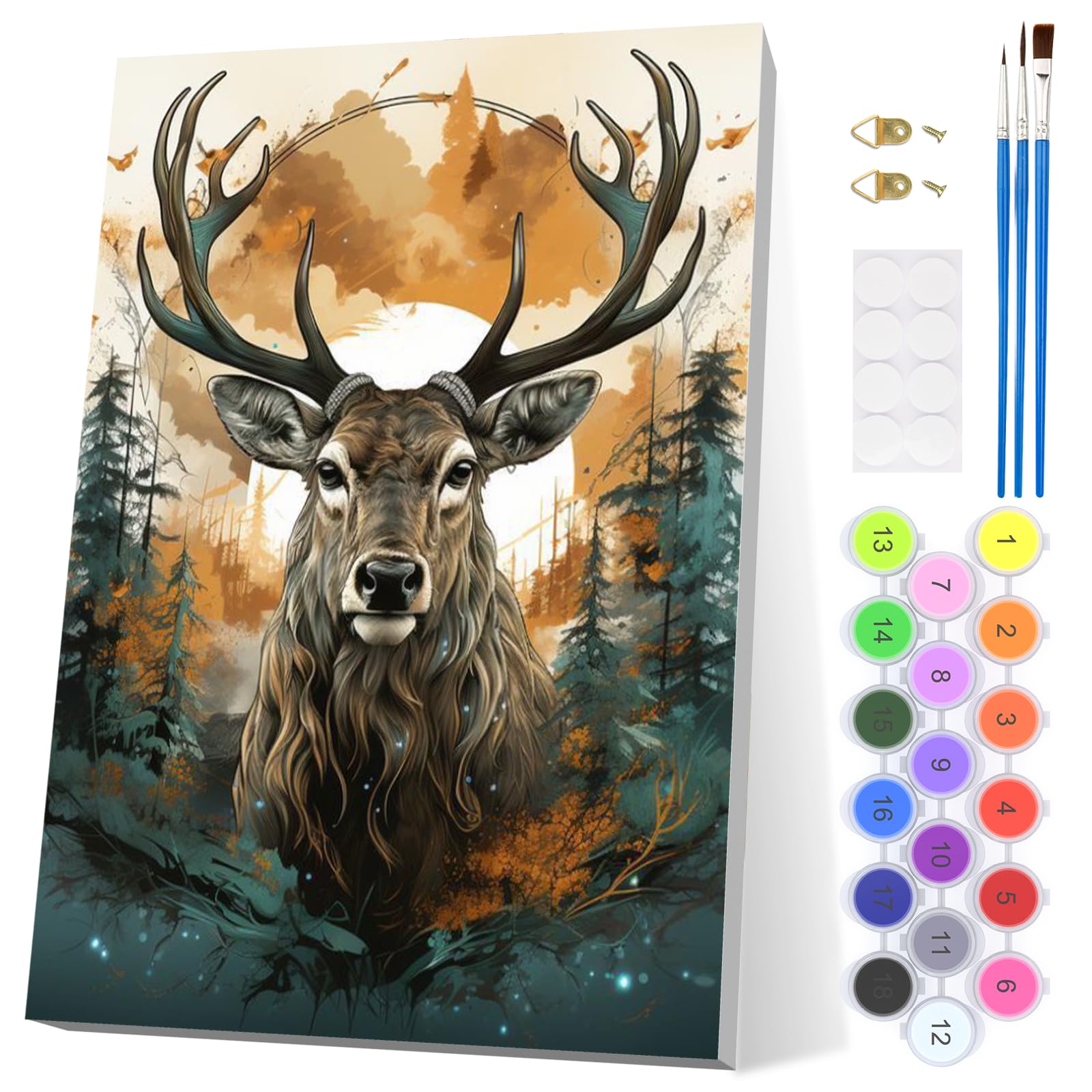 EOBROMD Deer Paint by Numbers for Adults with Frame, Retro Forest Paint by Numbers Kits, Acrylic Easy Painting by Numbers for Gift Home Wall Decor 8x12in — image 1