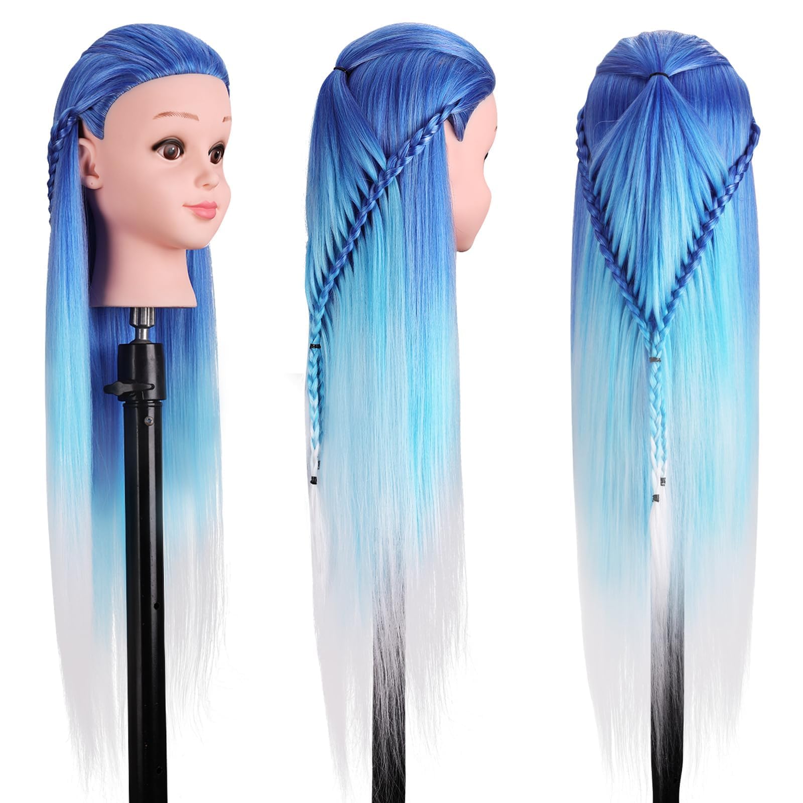 Frisierkopf 75cm/29 Zoll Übungskopf, TopDirect Frisierpuppe 100% Synthetisches Haar, Friseur Mannequin Kopf für Friseursalon, Frisierkopf Kinder mit Tischhalter + DIY Haar Styling Braid Set (Blau)