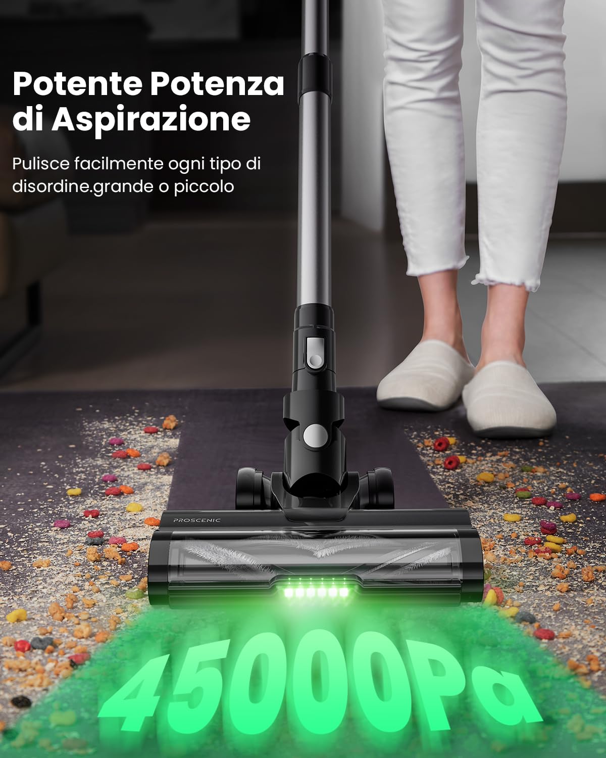 Proscenic P13 Aspirapolvere Senza Fili 550W/45KPA, Scopa Elettrica Senza Fili Potente con Antigroviglio, Autonomia Max 45min, 1,2L Aspirapolvere Senza Filo per Pavimenti/Tappeti/Peli Animali