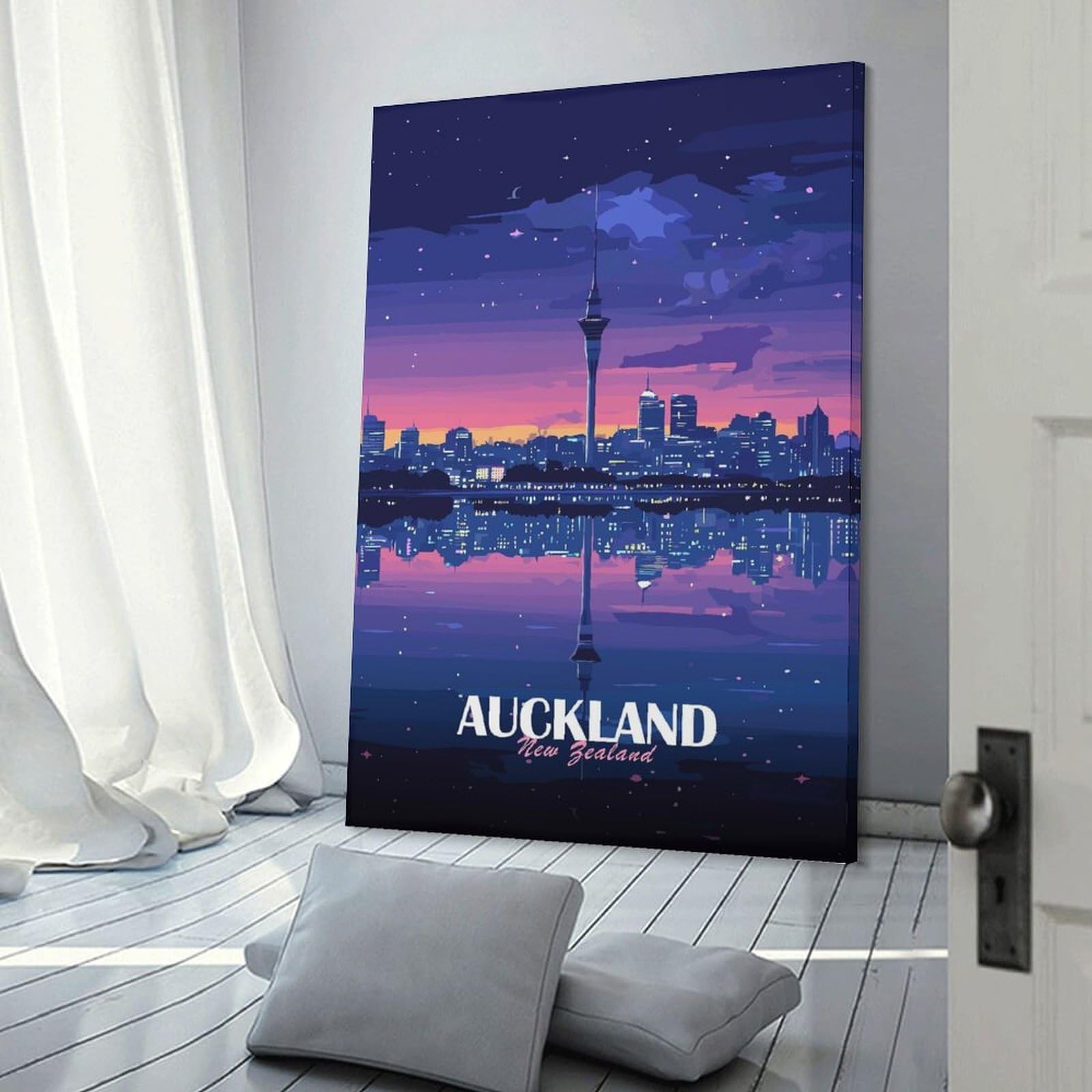 Junmoney Auckland New Zealand Skyline at Night Wall Art Print, 24x36inch(60x90cm), for Wall Displays, Bedrooms Or Room Updates, A Versatile Canvas Print for Layering