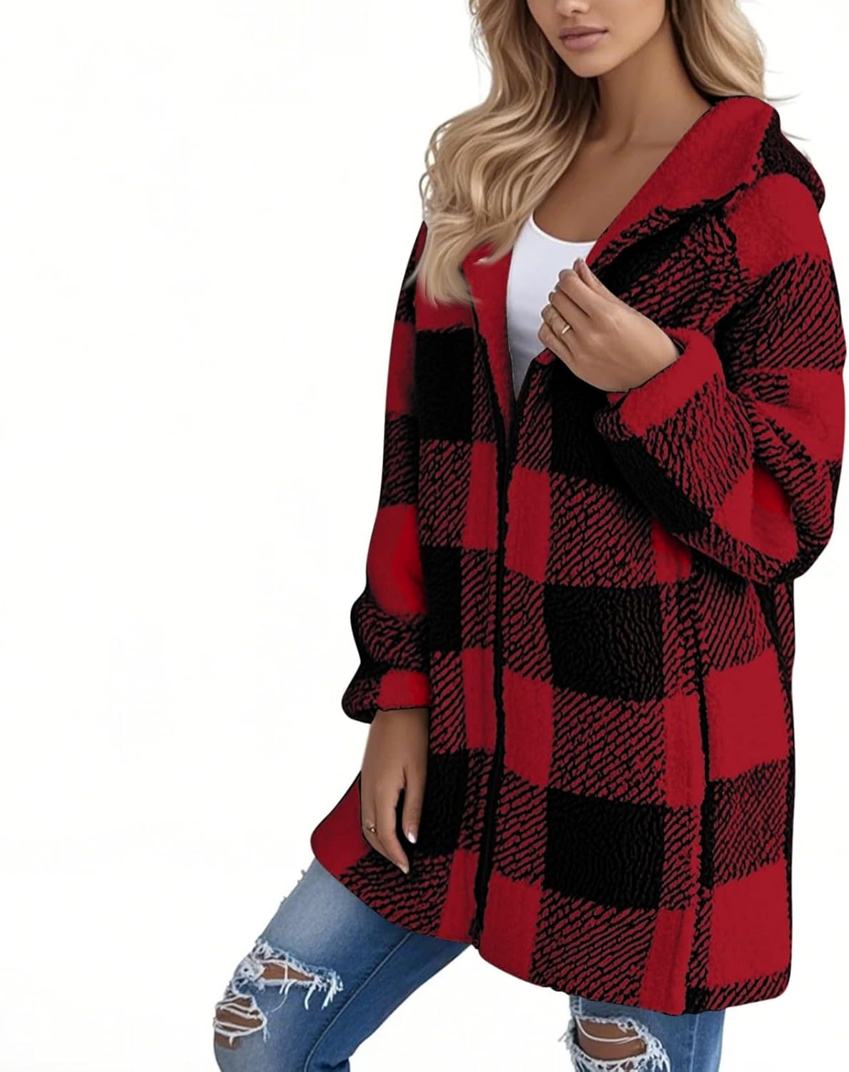 Sherpa Jacket Women Plaid Zip Up Long Plus Size Hoodies Outerwear Double Fleece Fall Winter Warm Coats with Pockets - Image 7