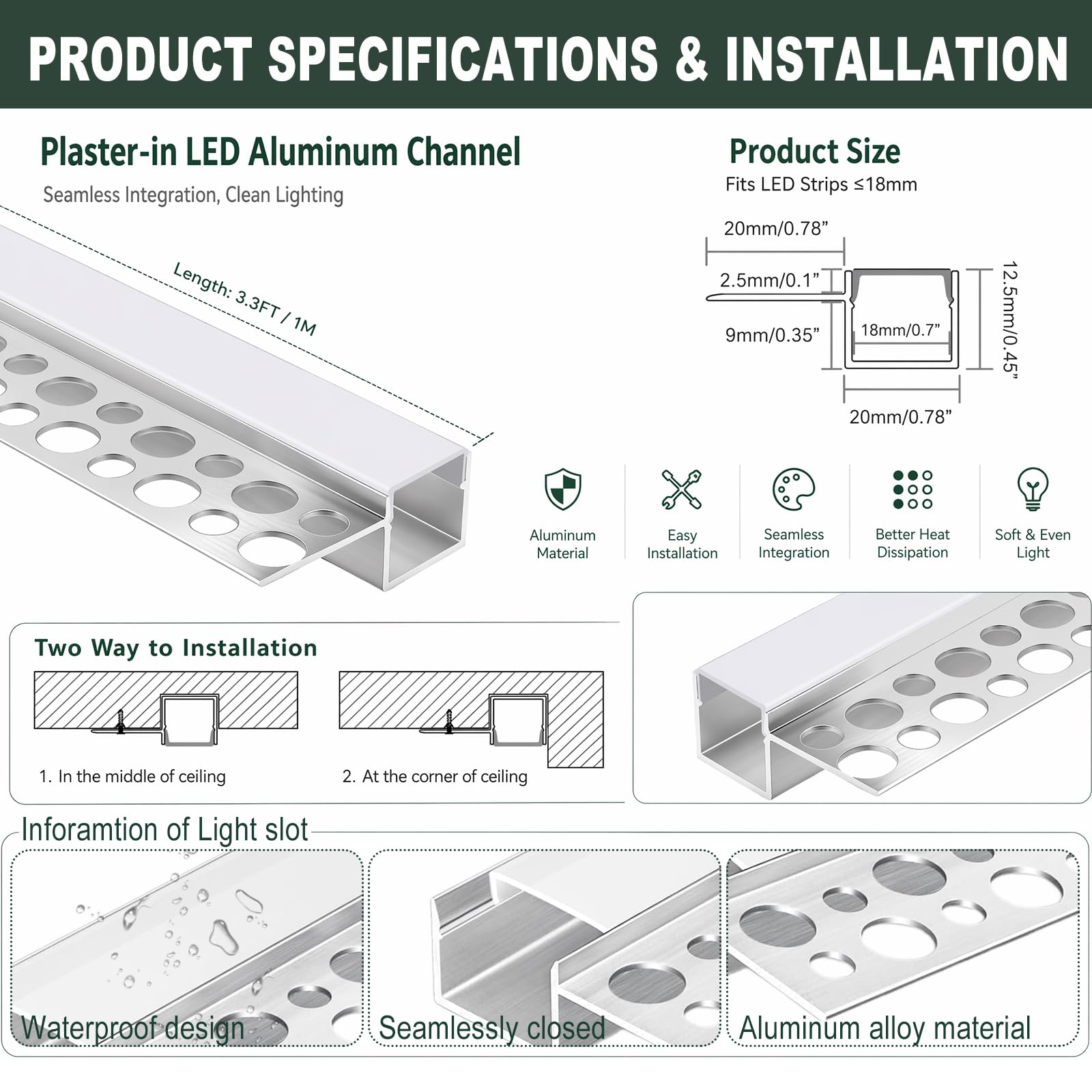 LED Putzprofil 1m 6er Set, flächenbündiges Aluminium Einbauprofil
