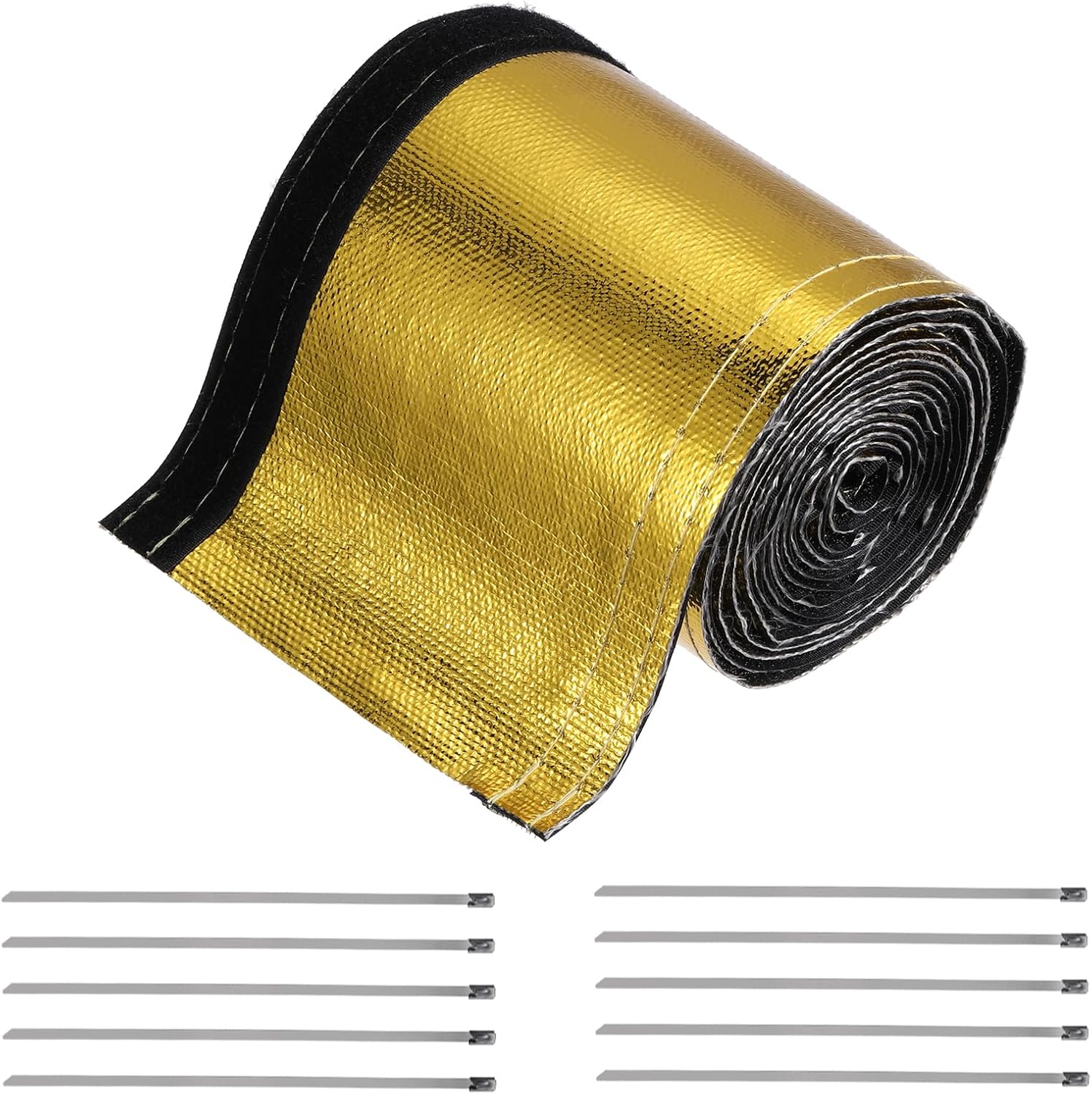 MECCANIXITY Heat Shroud Sleeve Aluminized Gold Sleeving 40mm 1+1/2 Inch ID x 300cm 10FT Heat Cable Sleeving for Hose Wire Heat Protection with Hook&Loop,10PCS Stainless Steel Ties