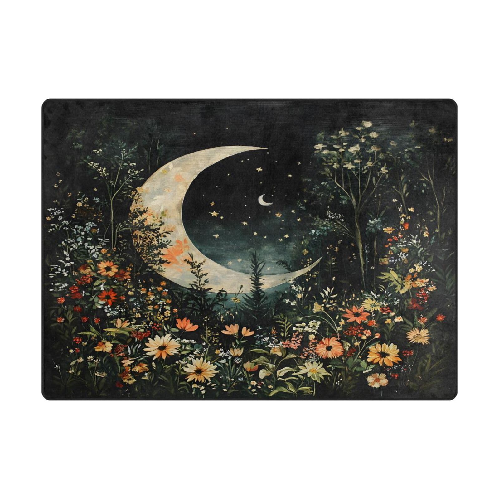 Tapis de sol contemporain salon motif lune et fleurs 203 x 147 cm