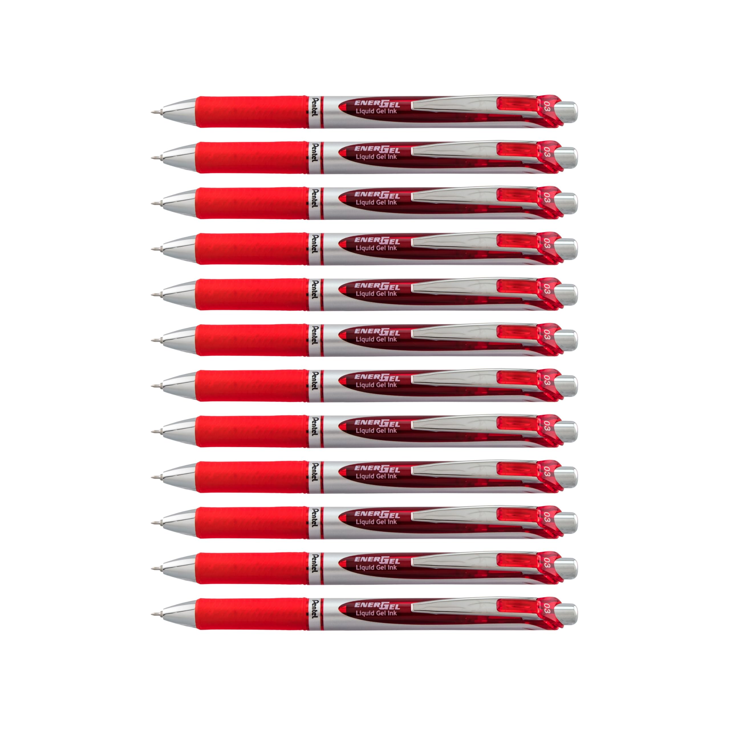 Pentel EnerGel RTX Retractable Liquid Gel Pen, Extra Fine Line, Needle Tip, Red Ink ,12 pack (BLN73-B), 0.3mm needle