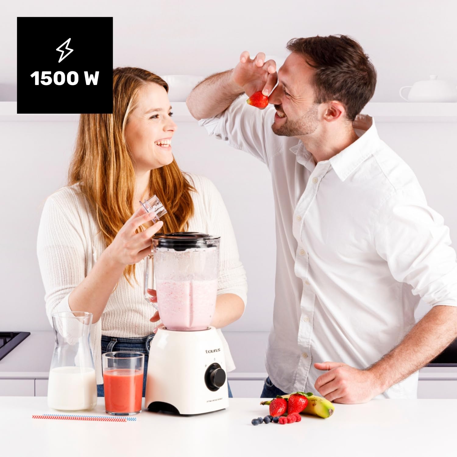 Taurus - Batidora de Vaso Potente 1500W | 21.500 rpm | Jarra Cristal 1,5L | Cuchillas Acero Inoxidable | Función Pica Hielo | 2 Velocidades + Turbo | Seguro | Diseño Vintage