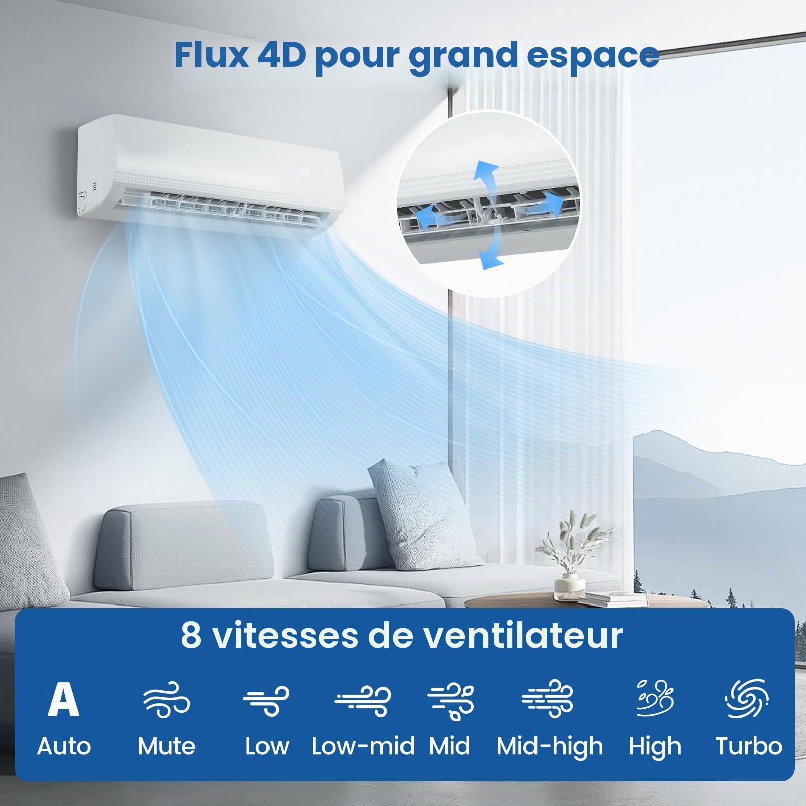 SOARS Climatiseur Reversible 9000 BTU R32 A++, Climatiseur Mural Split Eco avec Fonction Chauffage/Refroidissement/Déshumidification, 7 Modes, 8 Vitesse de Vent, Minuterie 24H, Accessoires Incluses