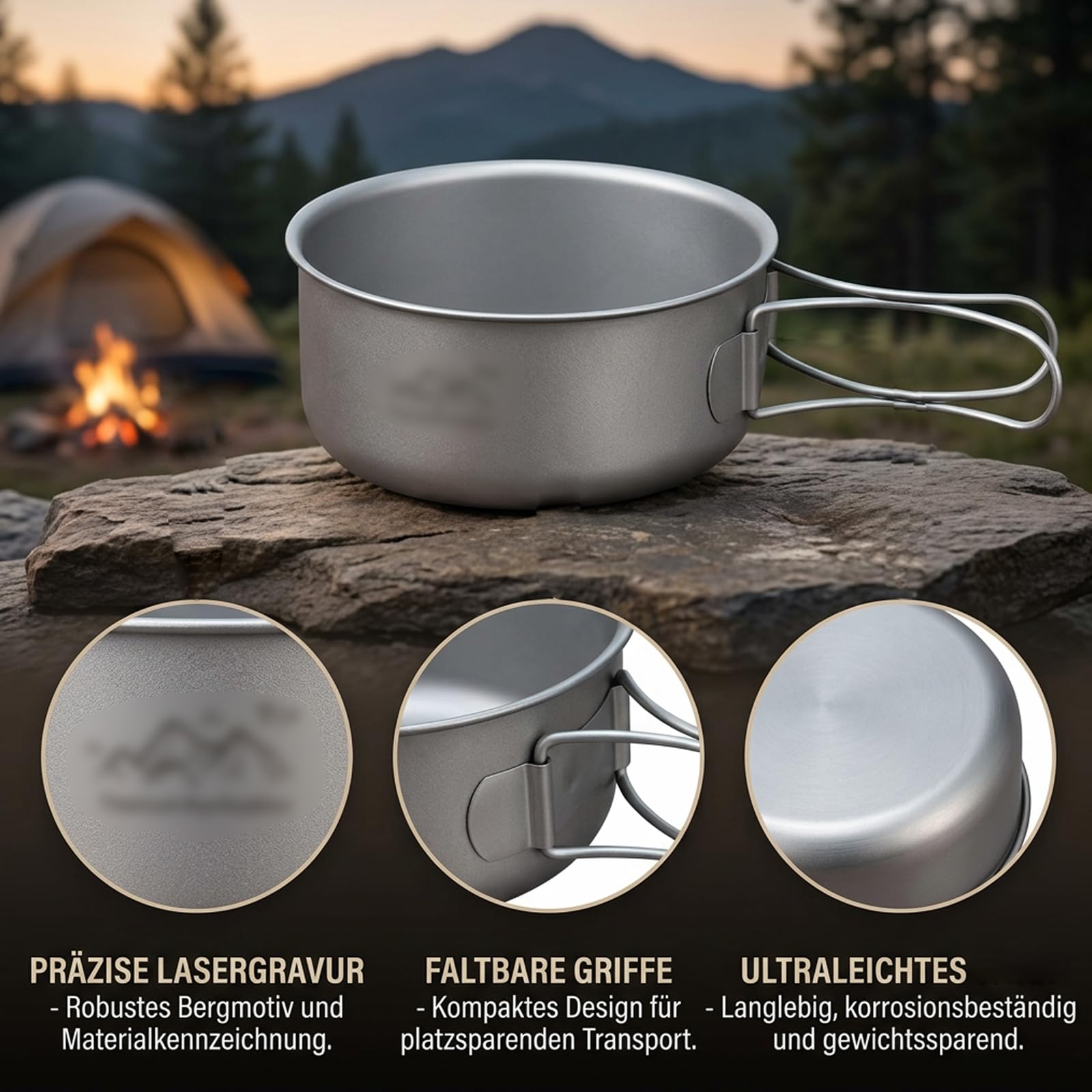 Camping Topf, Ultralight Outdoor-Kochgeschirr für Rucksackreisen, Kompaktes Bushcraft-Kochgeschirr mit faltbaren Griffen, Vielseitige Wärmequellenkompatibilität