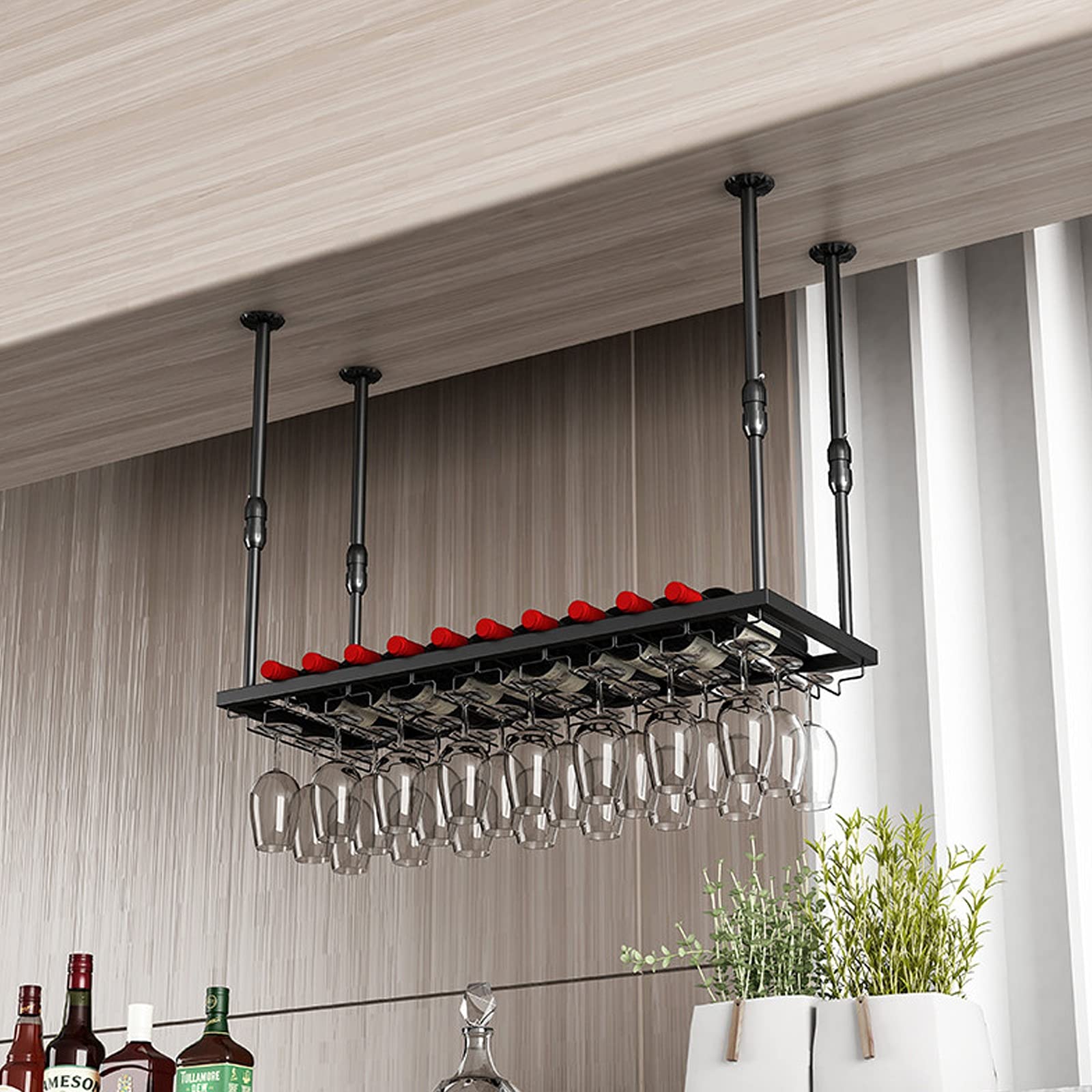 Rangement à vin suspendu en métal et porte-verres à pied moderne