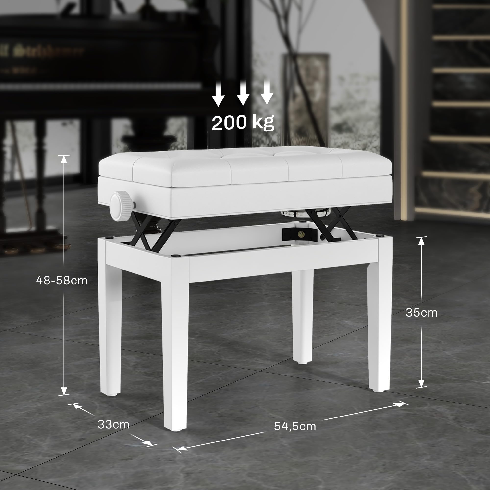 HOMCOM Panca per pianoforte, panca per tastiera regolabile in altezza in legno massiccio, sgabello per pianoforte con vano portaoggetti, sedile imbottito in poliuretano con 10 tasti, stabile e