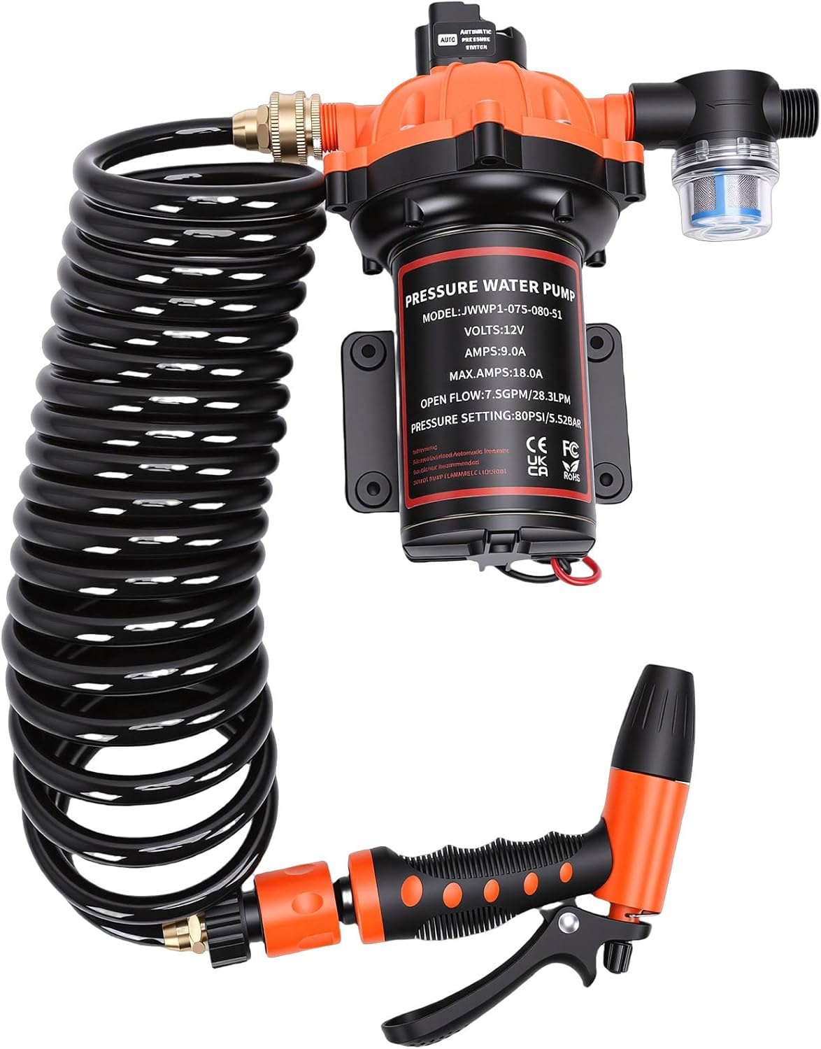 Deck Wash Pump Kit, 7.5 GPM 80 PSI with Built in Filter, for RV Boat Spray Travel Trailer Yacht Freshwater Saltwater