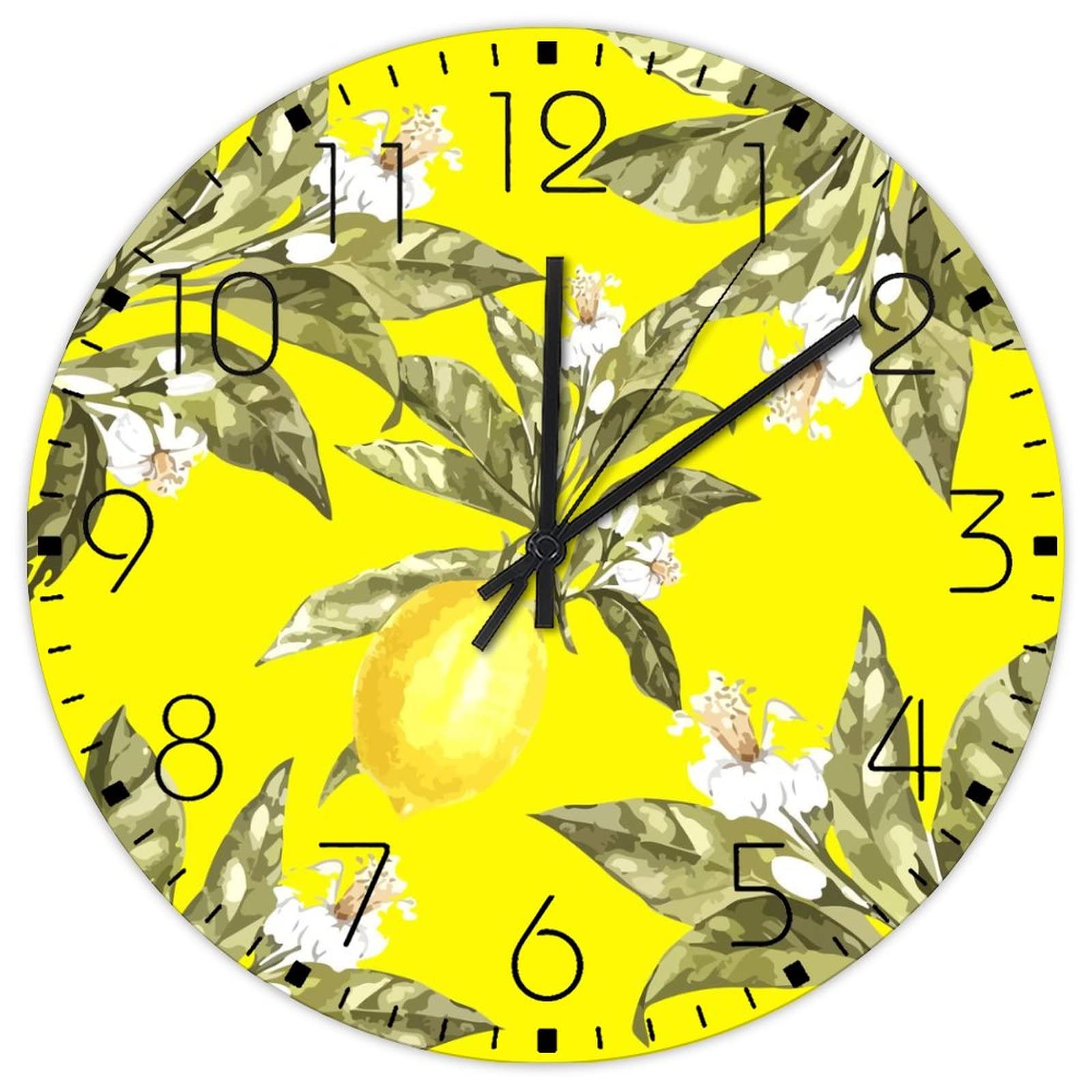 Horloge murale en bois silencieuse citron jaune deco murale sejour cuisine 38 cm