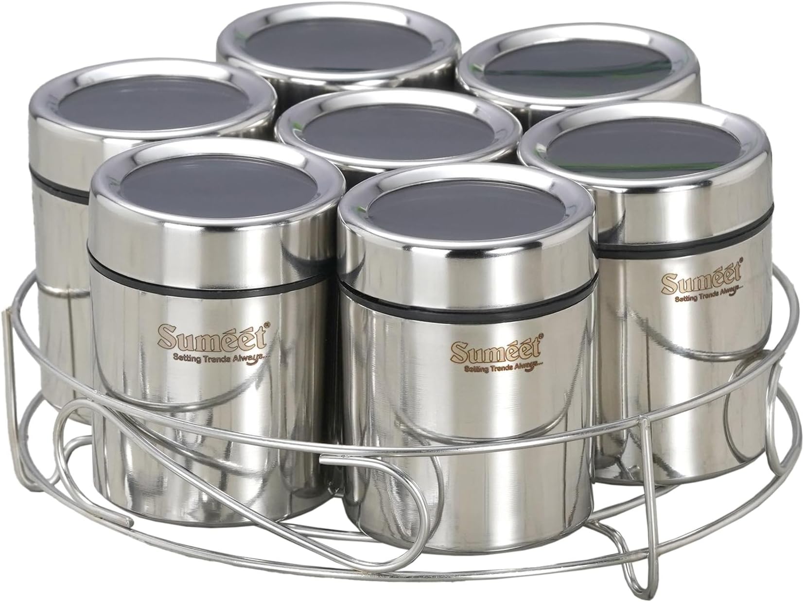 Sumeet 7In1 Stainless Steel + See Through Lid Masala Stand/Dry Fruit Stand With Stand And 7 Spoons Standard White