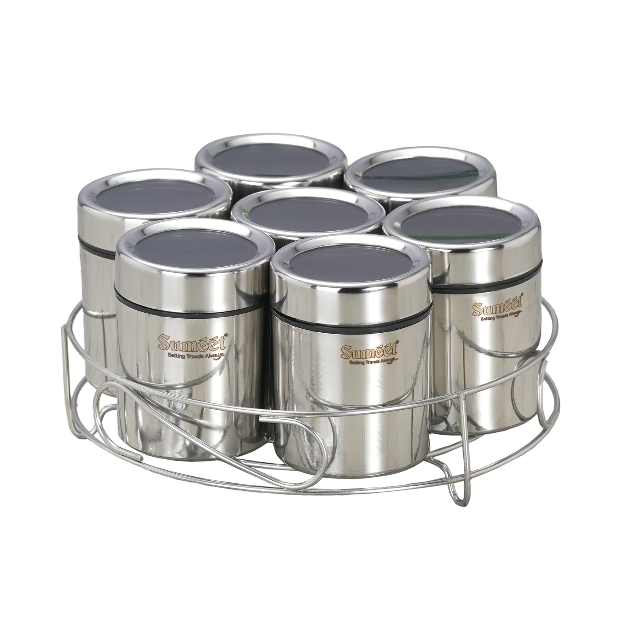 7In1 Stainless Steel + See Through Lid Masala Stand/Dry Fruit Stand With Stand And 7 Spoons Standard White